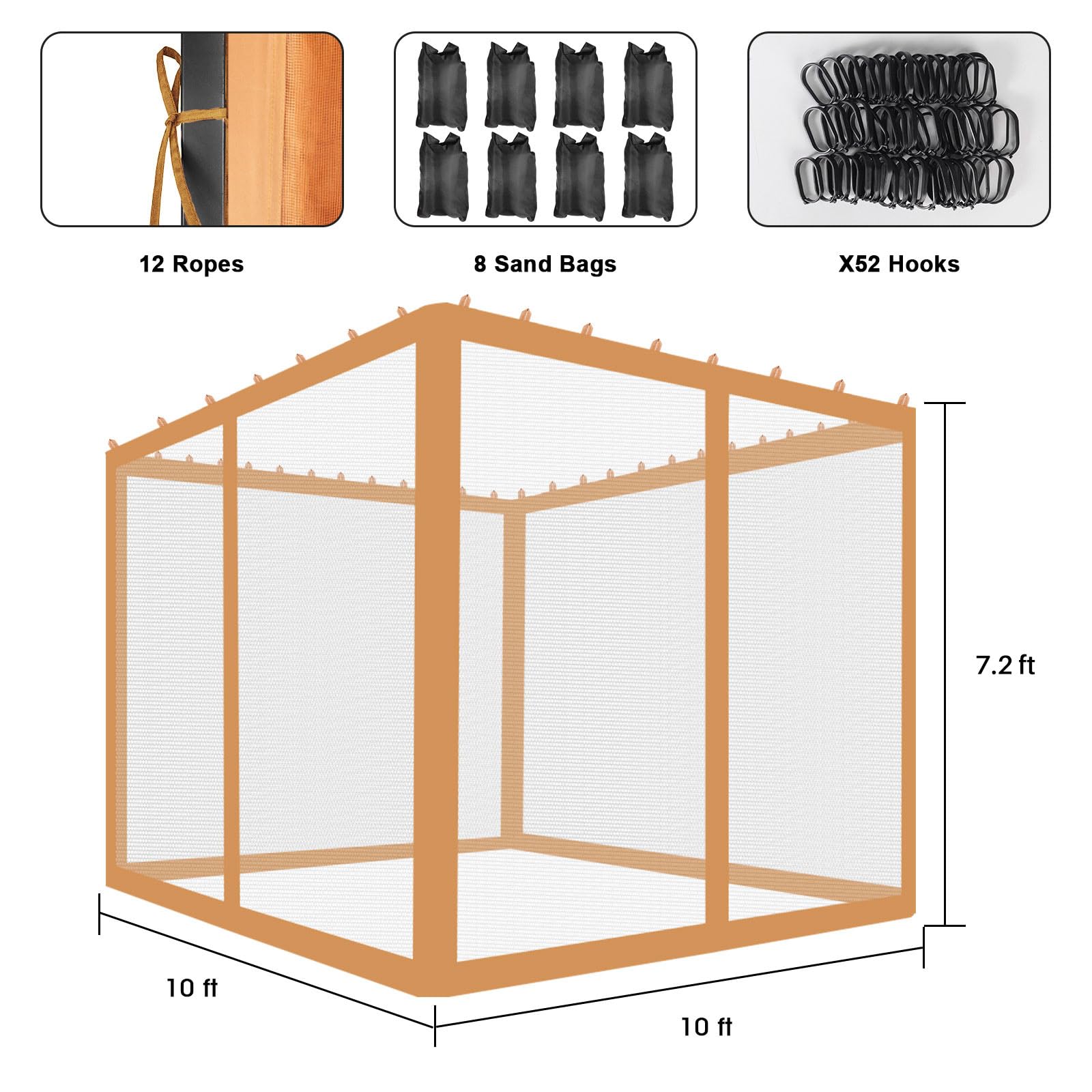 Zanzariera per esterni con cerniera a 2 vie, 4 porte, zanzariera per gazebo 10 x 10 per giardino/patio/padiglione, rete di ricambio per gazebo con 8 sacchi di sabbia, 52 ganci, 12 corde (solo