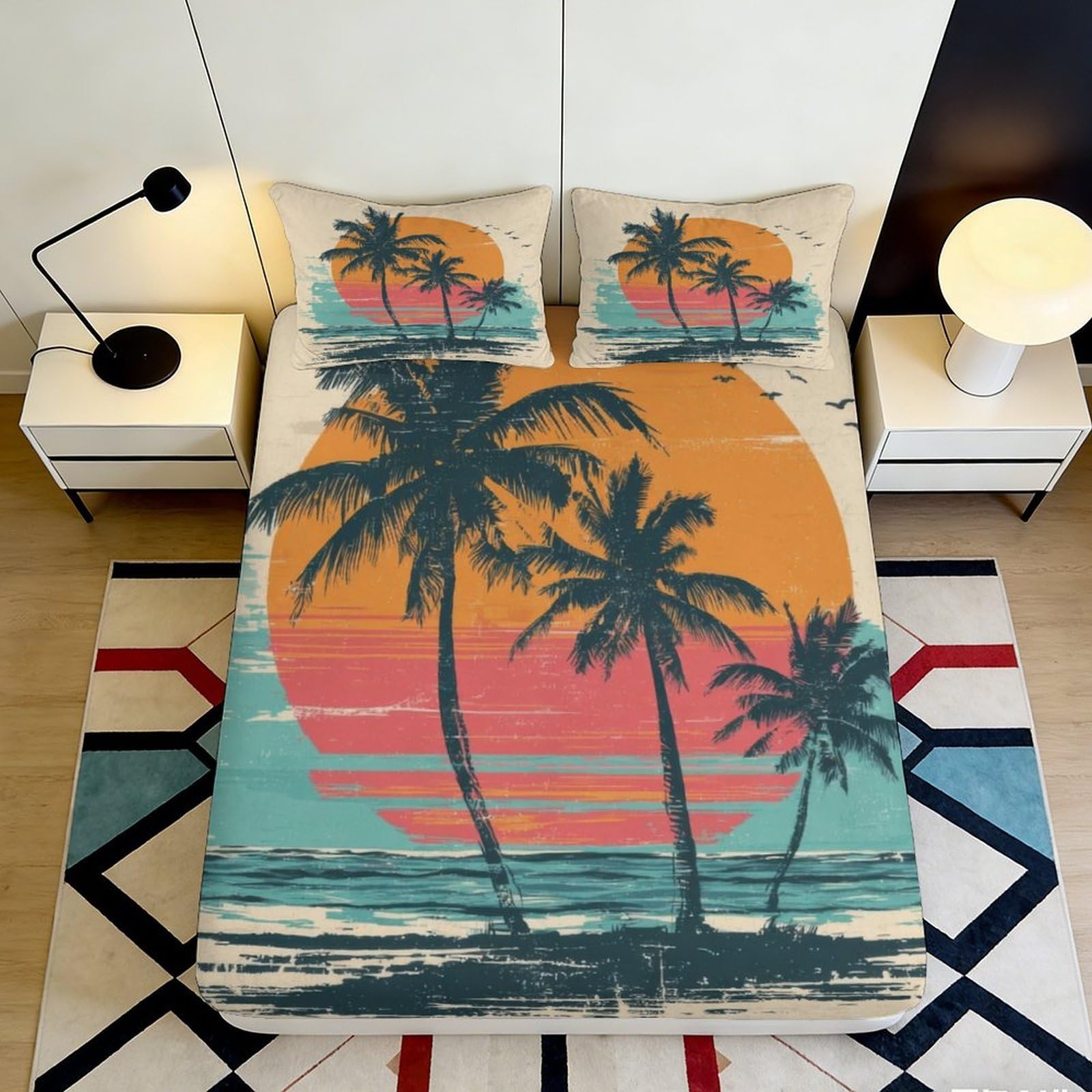 3D Printed Tropical Sunset Fitted Sheet Microfiber Durable Soft 3D Palm Tree Bed Cover for Bedroom Dormitory Guest Room Mattress Protection 140x200x25cm