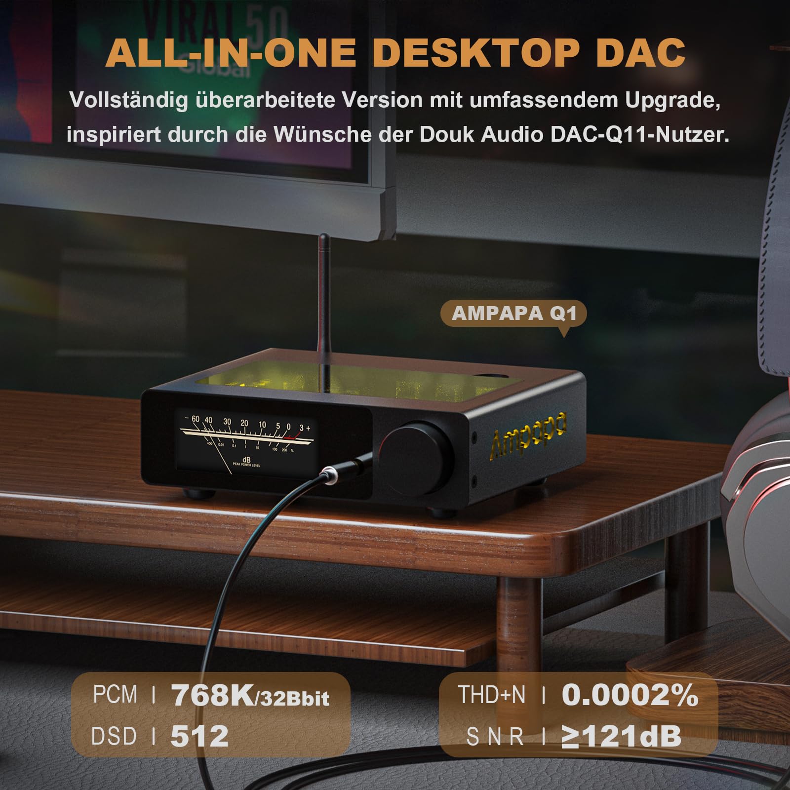 Q1 Digital-Analog-Wandler: HiFi USB DAC Adapter 768 kHz/32 Bit DSD512, APTX-HD Bluetooth 5.2 Kopfhörerverstärker mit ESS9039+AK4493 für Heimstereo-Verstärker und Desktop-Hören