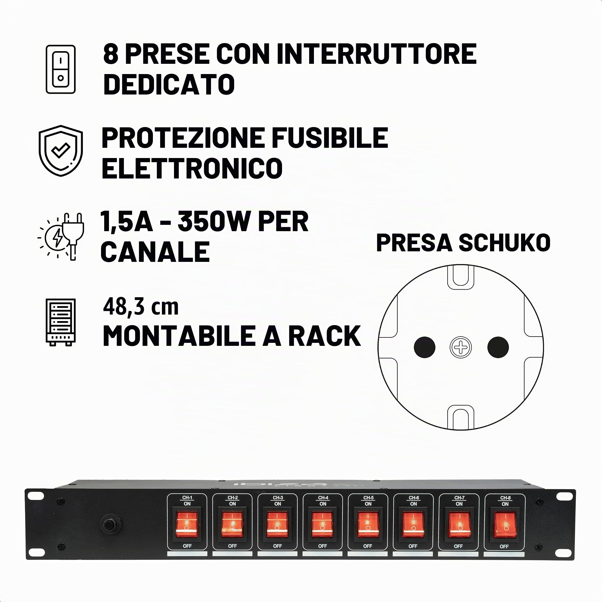 Ibiza - LC806S-DE - Presa di corrente da incasso 19' a 8 vie con interruttori dedicati - Lega di alluminio nero - 8 prese Schuko