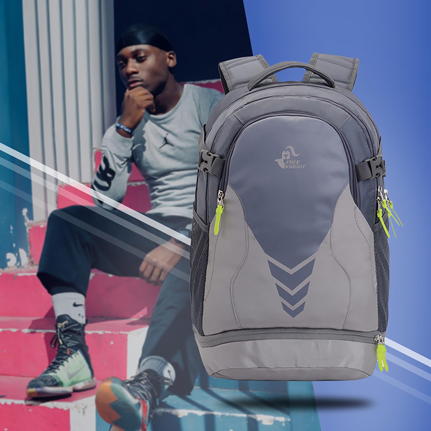Bseash Sac à Dos de Basket-Ball athlétique léger de 35L, Sac à Dos de Gymnastique Multifonctionnel avec Compartiment pour Ballon au Fond, adapté au Ballon de Volley-Ball, de Football et de Soccer.
