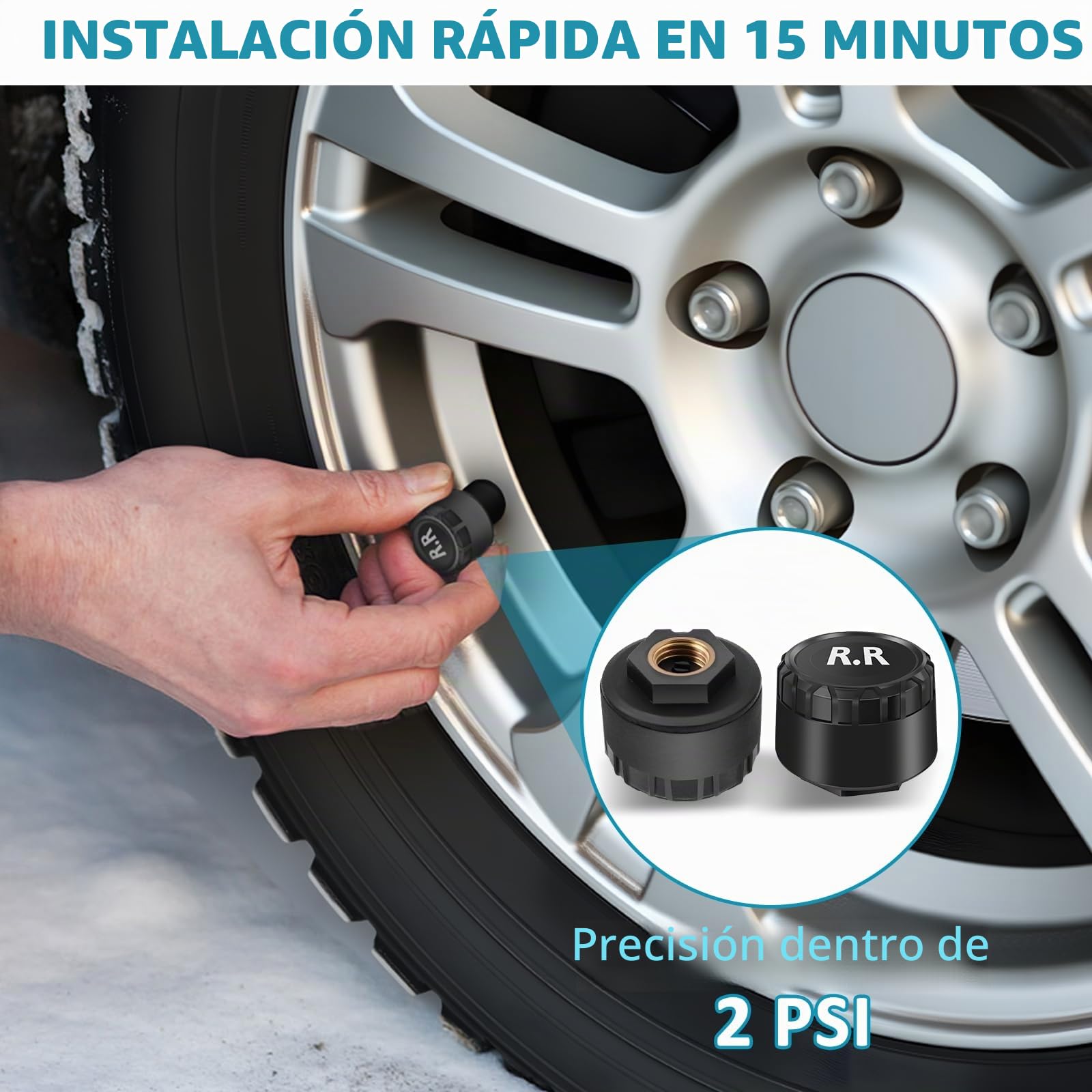 KAOLALI TPMS Sistema de monitoreo de presión de neumáticos, TPMS de visualización de Tiempo y Temperatura, Carga Solar y función de Carga USB, con 4 sensores externos de presión de neumáticos para RV