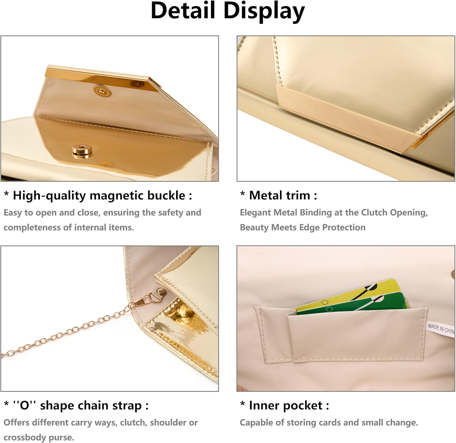Gurina Elegant Patent Leather Clutch Purse for Women, Formal Evening Clutch Bag with Chain for Wedding Party Prom