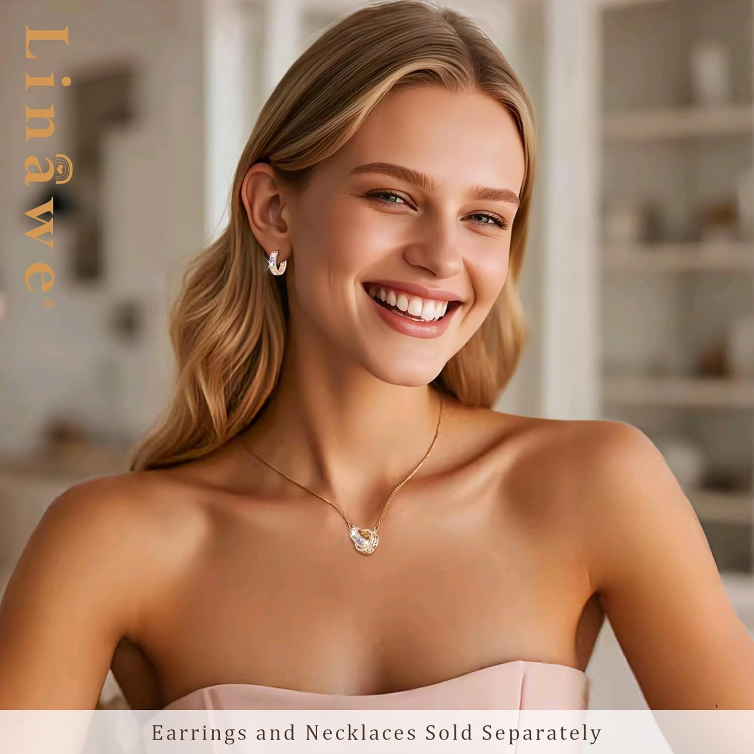 Linawe Moissanite Crystal Imitation Diamond Necklace for Women Trendy, Birthstone Rhinestone Dainty Jewelry, Circle Pendant Stainless Steel Chain Necklaces, Gold, Rose Gold and Silver Tones - Image 4