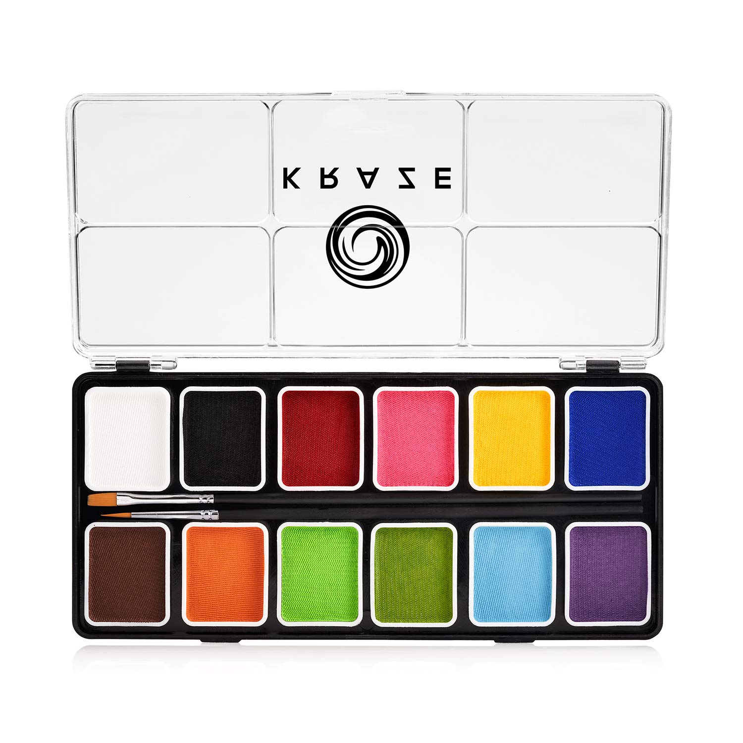 Kraze FX Fundamentals Professional 12 Color Face Paint Palette (6 gm) with 2 Brushes - Water Activated, Hypoallergenic, Safe, Non-Toxic Face Painting Kit for Sensitive Skin, Kids & Adults