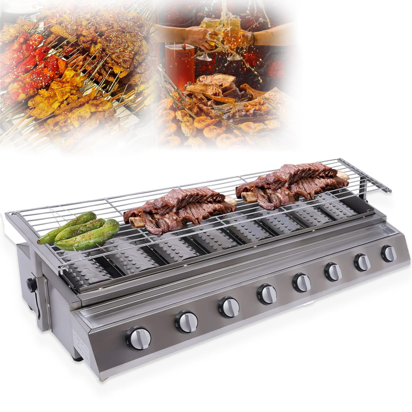 Przenośny grill gazowy, grill stołowy, 4/8-palnikowy, kuchenka LPG z indywidualnym sterowaniem palnikiem, zdejmowana powierzchnia do grillowania i regulacja wysokości 0-9 cm, taca na olej