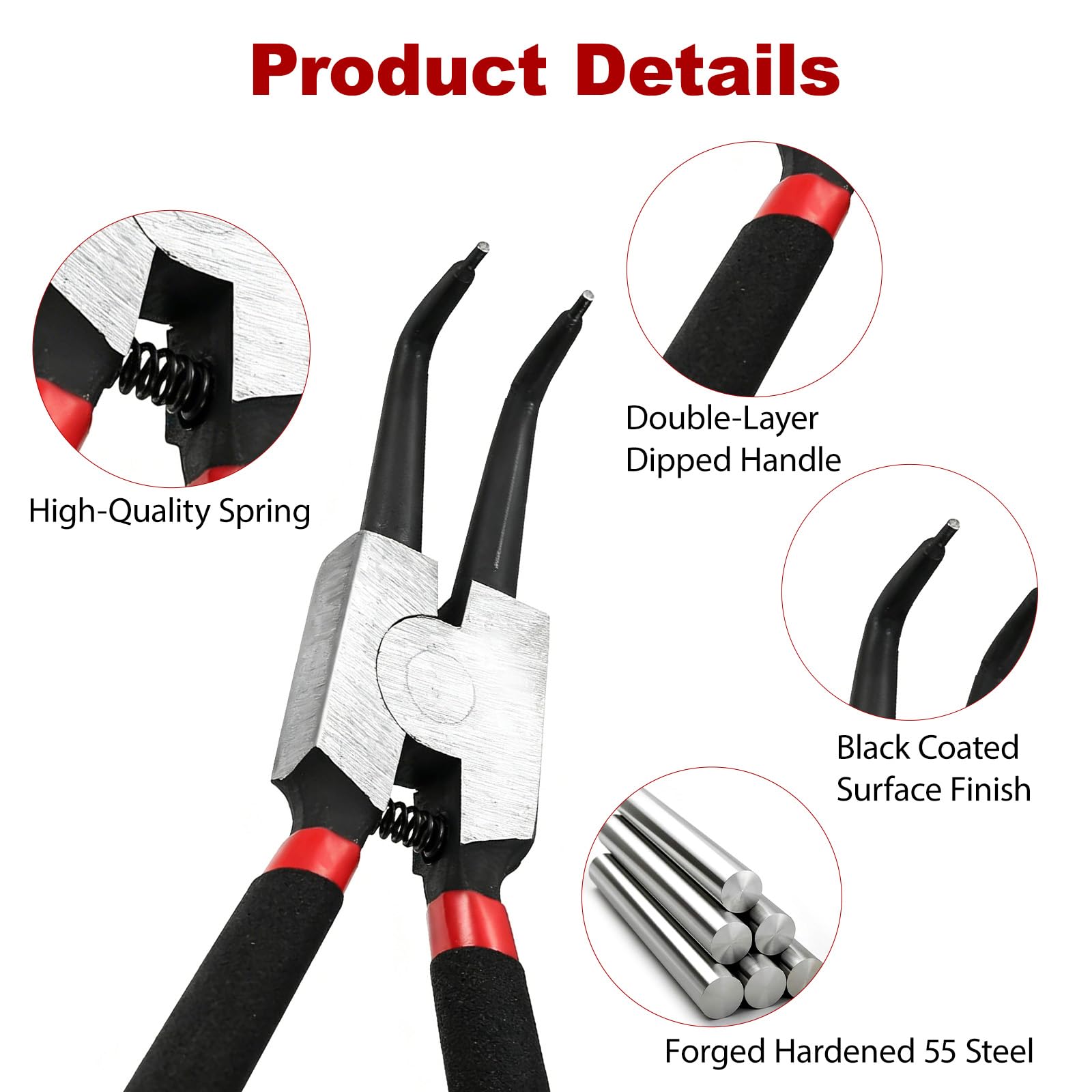 4 Stück Sprengringzangen Set, Sicherungsringzangen, Gerade interne und externe Sprengringzangen, Seegeringzange Set, Kohlenstoffstahl, Anti-Rutsch und Anti-Schweiß ergonomische Griff