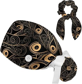 FVQL 2 Pieces Surgical Cap for Long Hair Scrub Cap with Hairband Nurse Cap, Golden Pattern Peacock Feather