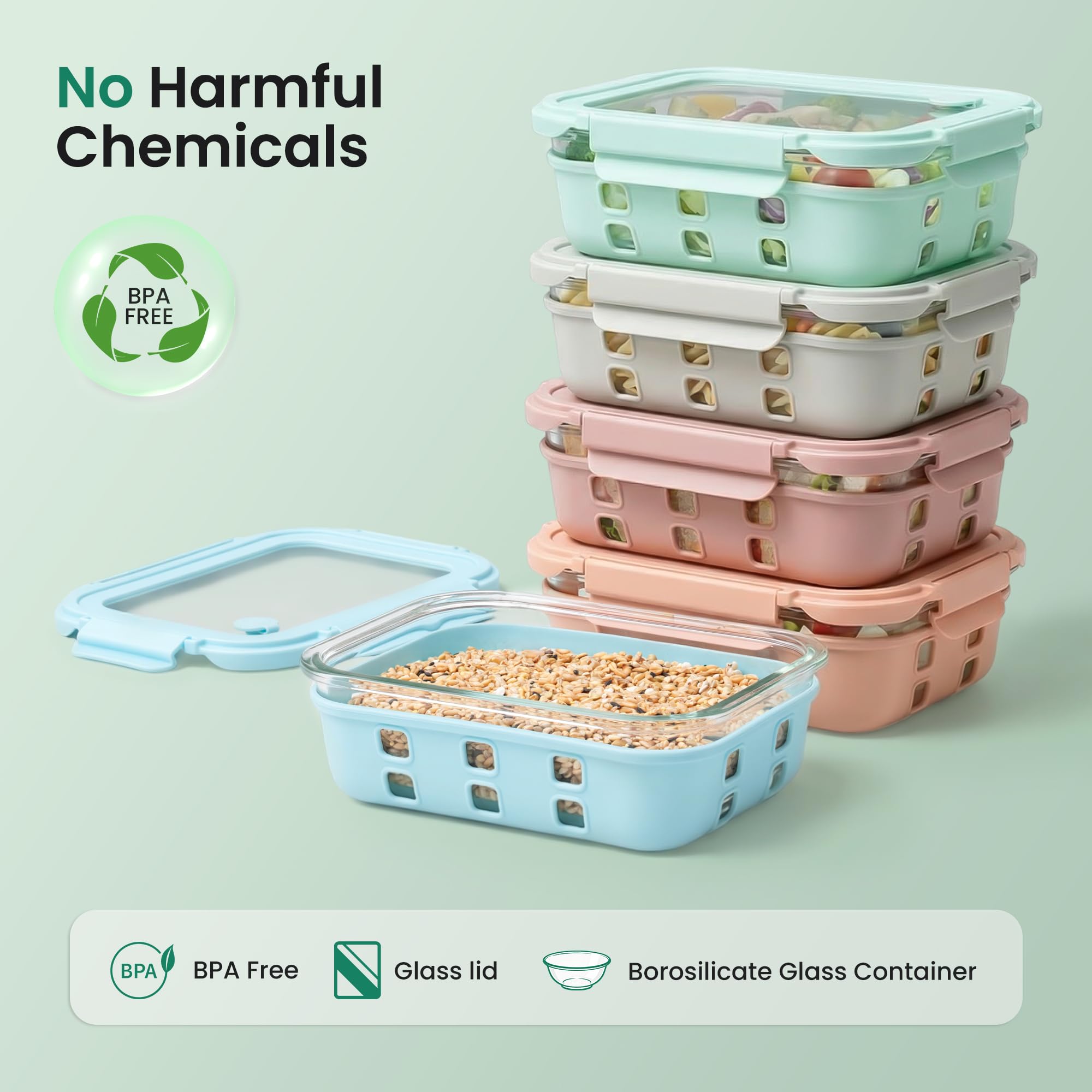 GENICOOK Contenitori per alimenti in vetro da 4,4 tazze, confezione da 5, ermetici, con coperchio in vetro temperato e manicotto antiscivolo, a prova di perdite, senza BPA, impilabili, per microonde