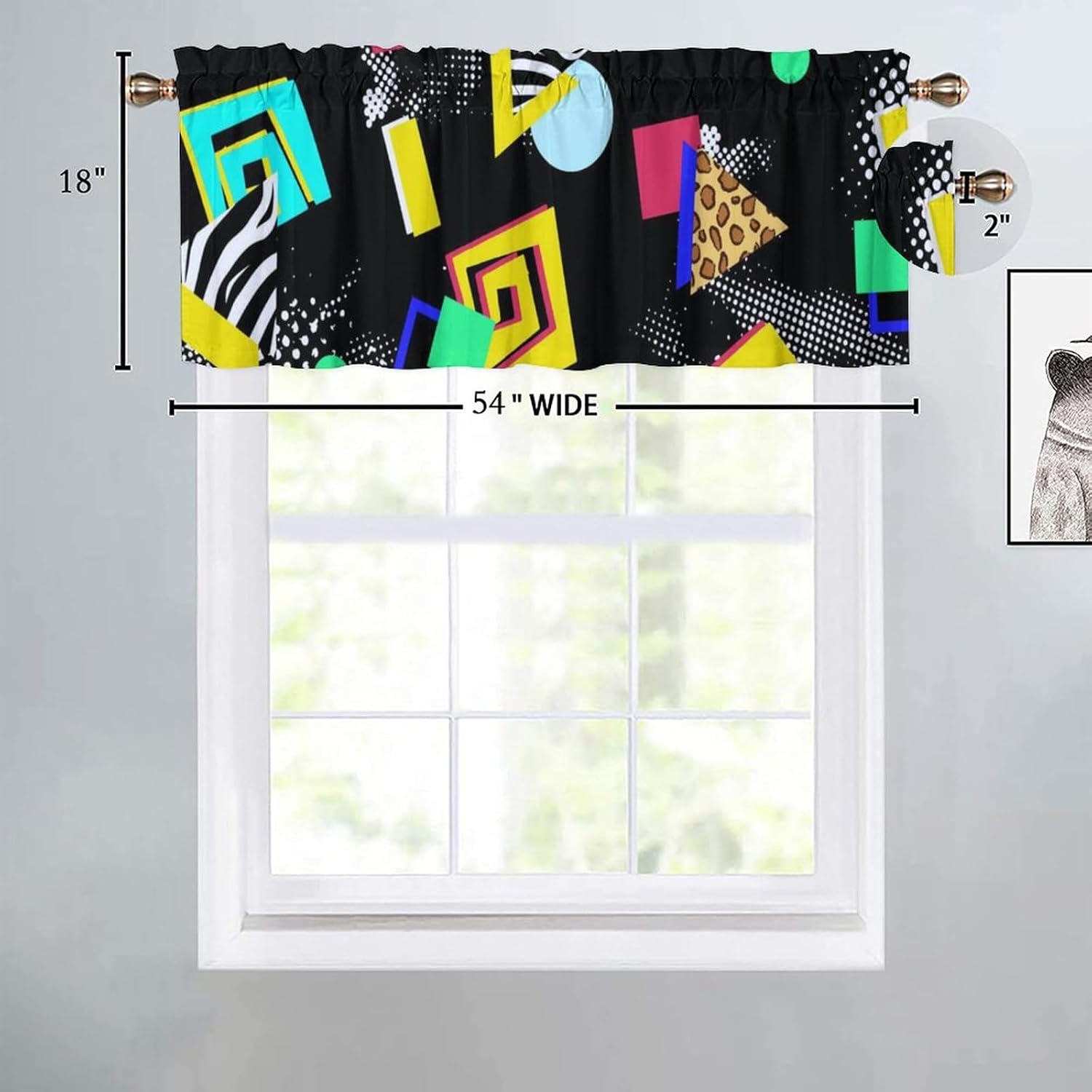 Brebasf 80s 90s Valance for Window Curtains,Retro Vintage 80s Or 90s Geometric Leopard Animal Print (1) Rod Pocket Curtains Valance Window Treatment 54x18inch,2Pcs