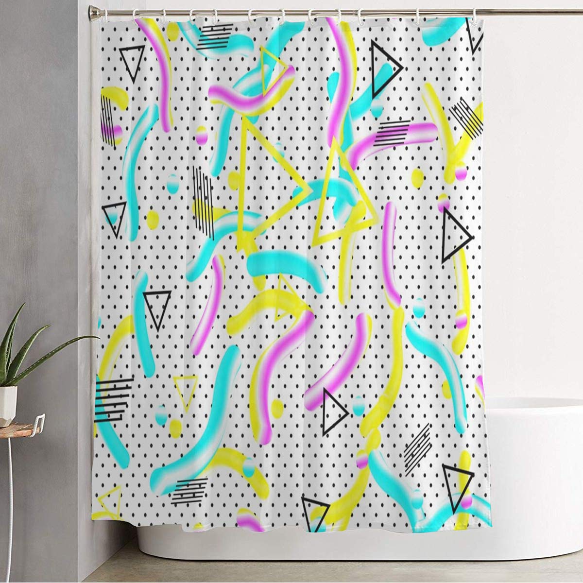 Bathroom Shower Curtain Fun Blue Red 90S Dot Memphis Pop Pattern Fluid Geometric Shapes 3D Colorful Abstract Bauhaus Child Decorative Bath Curtain Water Proof with Hooks 60x72 Inch