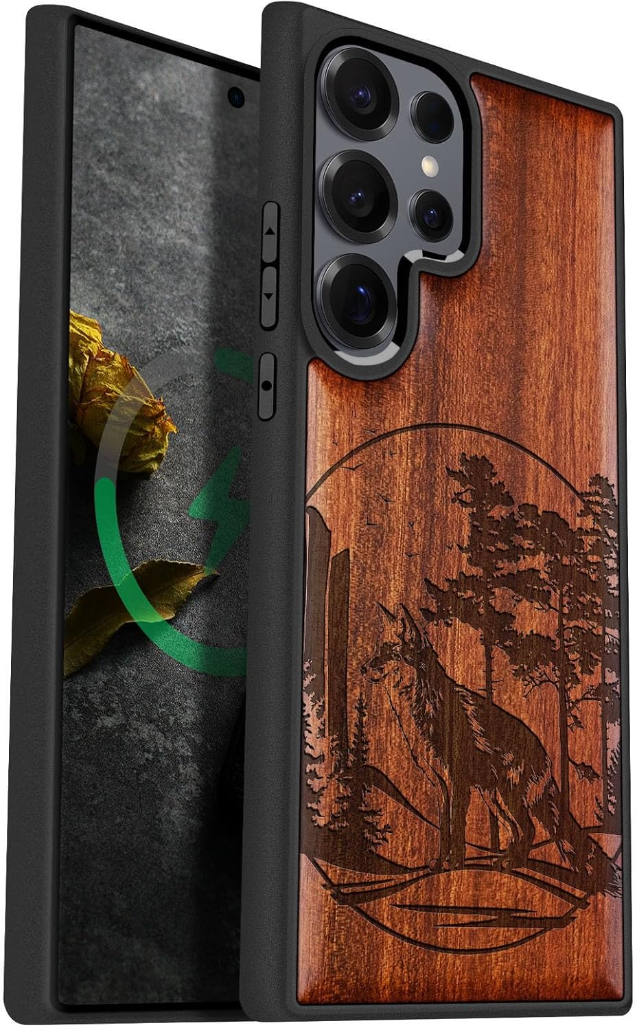 Carveit Magnetic Wooden Case for Samsung Galaxy S25 Ultra Case 2025, TPU Shockproof Cover & Wood Artisan Engraved, Compatible with MagSafe Wireless Chargers (Fox and Woods) Rosy
