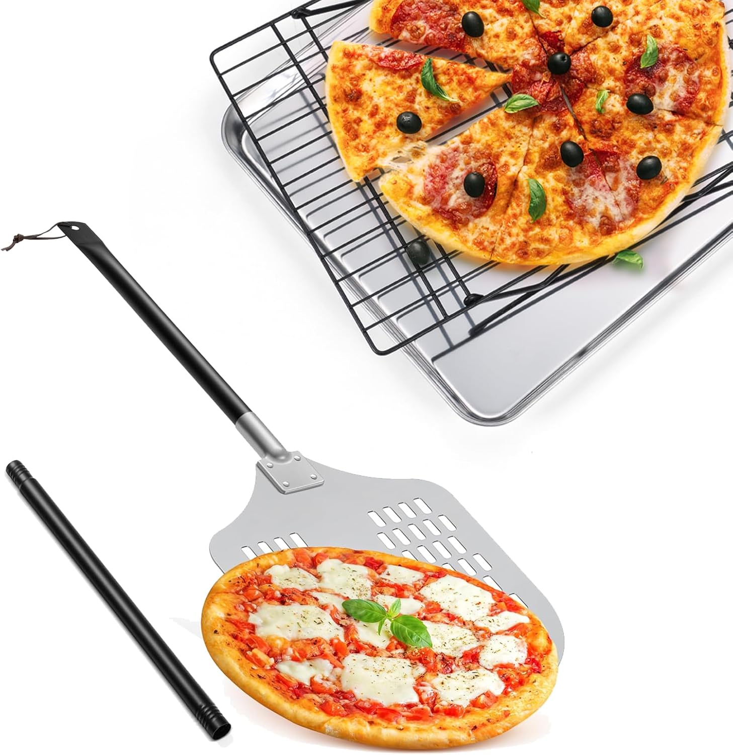 Leonyo 12" Perforated Pizza Peel & 17” x 13” Stainless Steel Half Cookie Sheets for Baking