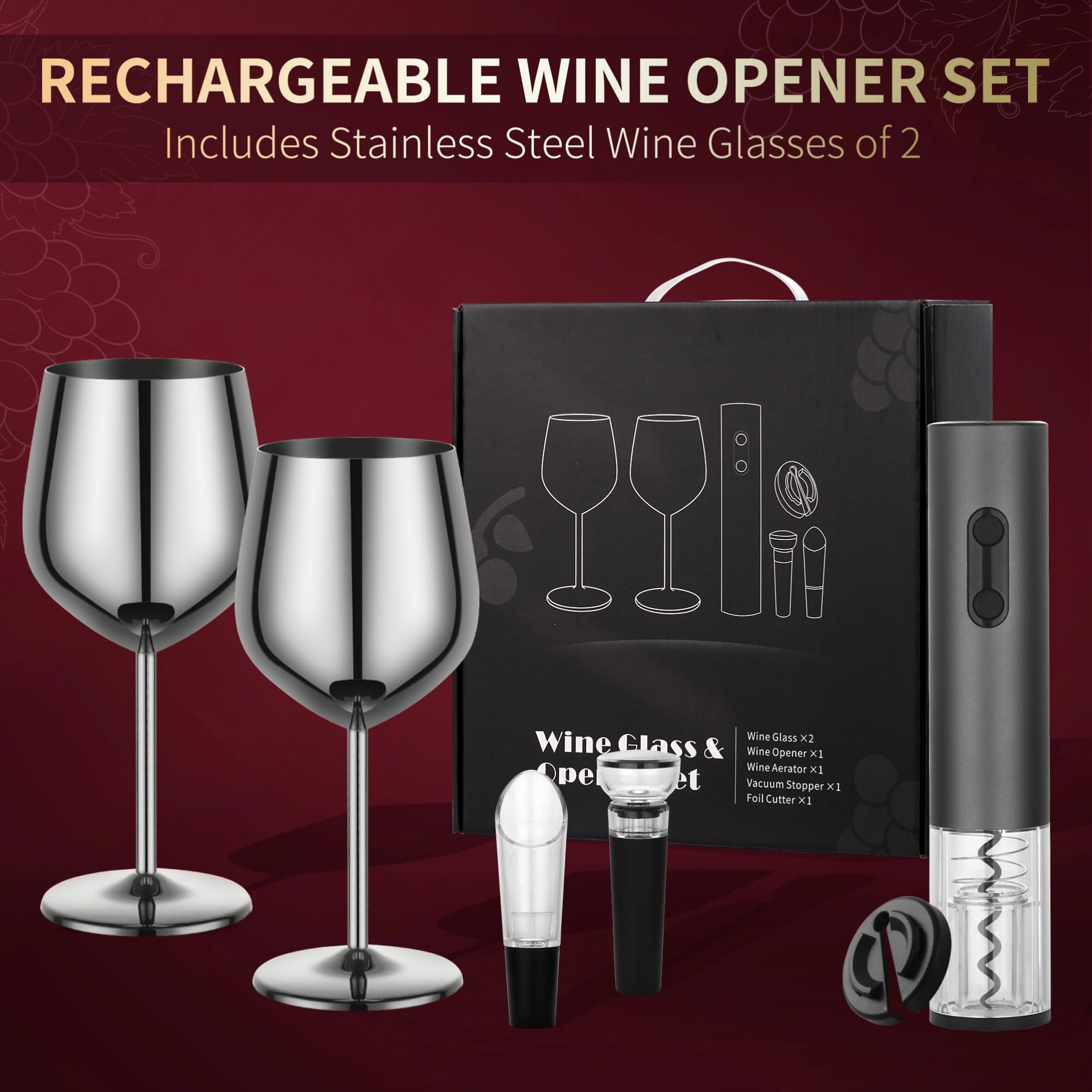 Electric Wine Opener Set Rechargeable, Automatic Corkscrew Kit, Including Stainless Steel Wine Glass of 2, Silver, Ideal Gift for Wedding, Wine Lover, Birthday, Girl, Men