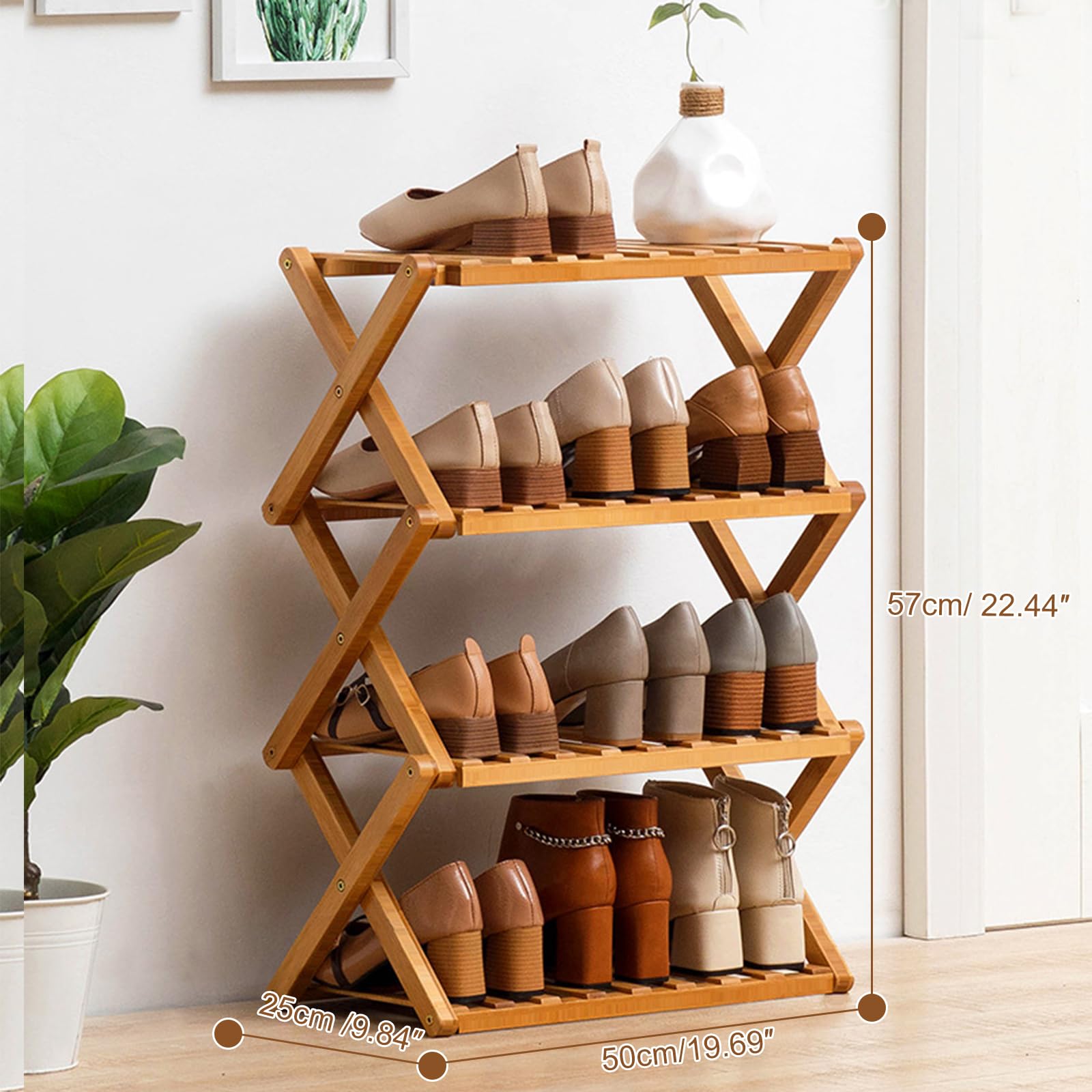 Zusammenklappbares Schuhregal aus Bambus, tragbares Schuhregal aus Holz, ohne Installation, kleines Schuhregal, perfekt für Korridore, Schlafzimmer und kleine Räume (primär - 4 Ebenen)