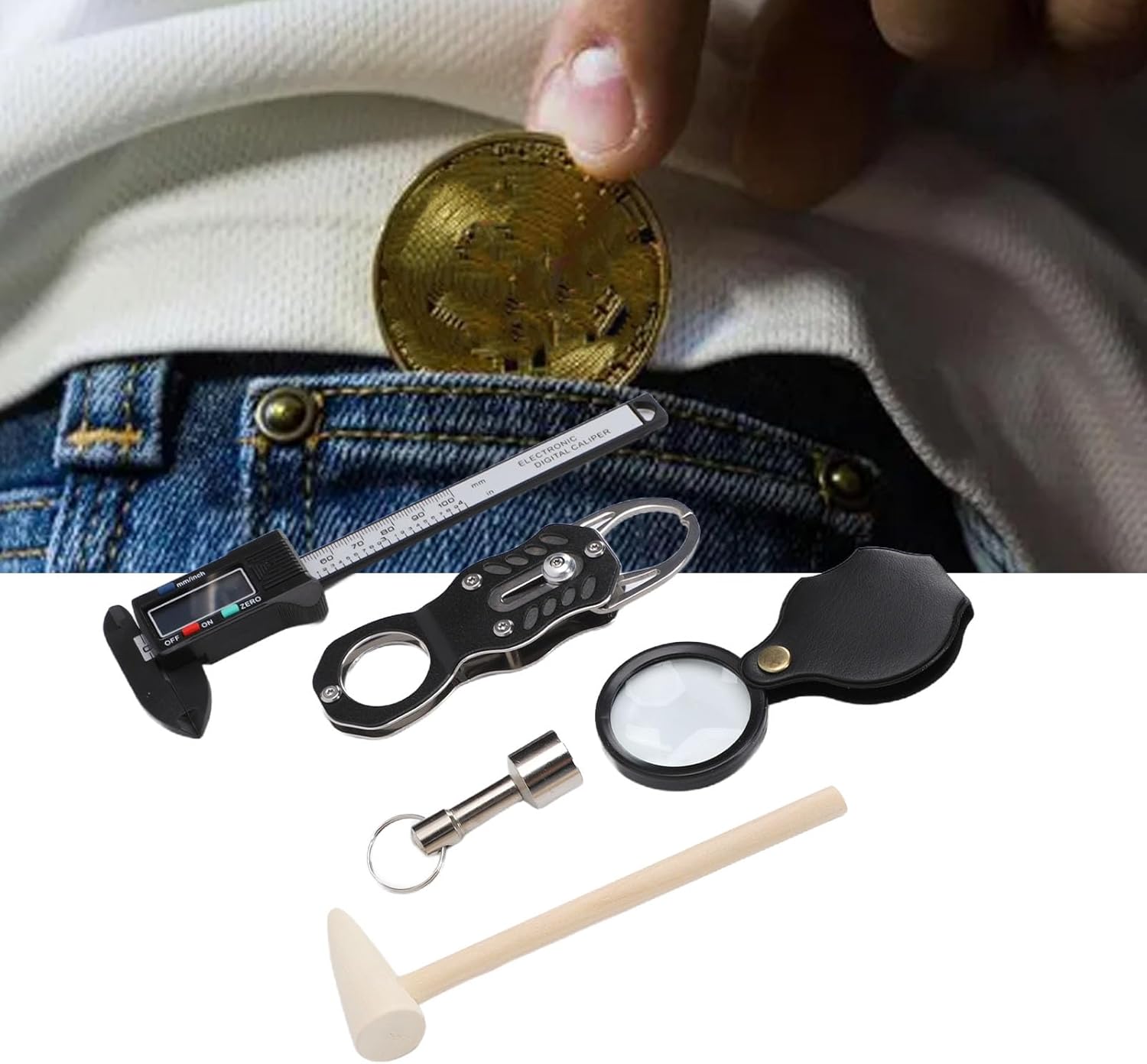 AUNMAS Specie Pinger Tester Kit, Pocket Gold and Silver Specie Sound Resonance and Size Verification Tool Portable for Collectors