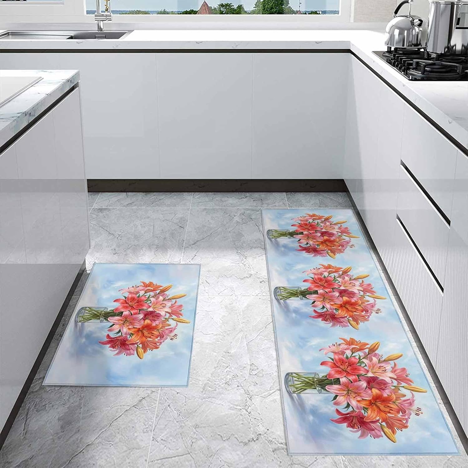 Kitchen Mats for Floor Watercolor Pink Lily Floral Washable Non Slip Kitchen Rugs 2PCS, Flower Vase on Light Blue Absorbent Standing Mats for Sink Bathroom Office Living Room 15.7x23.6in+15.7x47.2in
