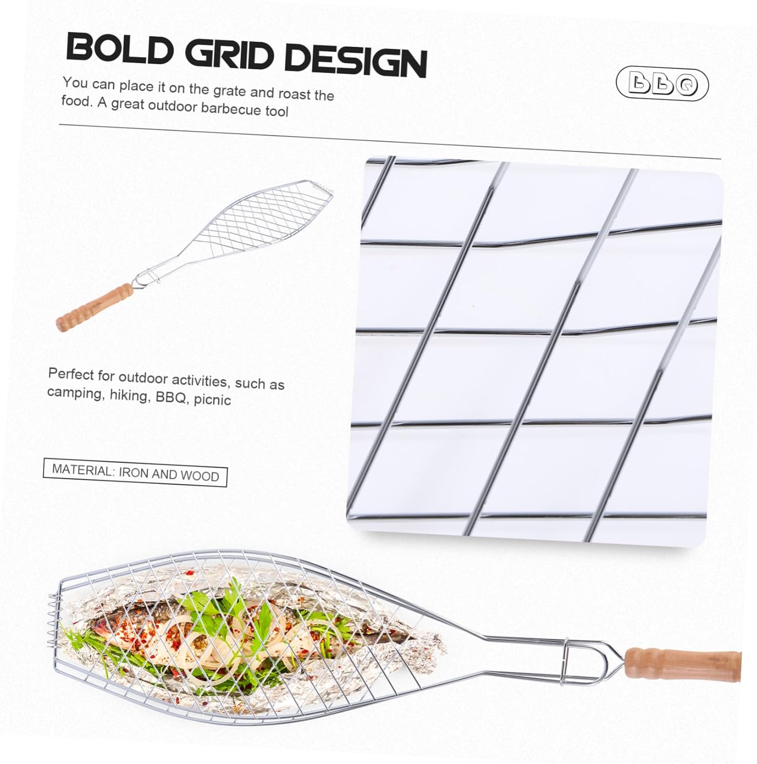 MERRYHAPY Grill Fish Basket for Grilling Bbq Net Clamp Sturdy Iron Mesh Wooden Handle Set of 2 for Outdoor Activities
