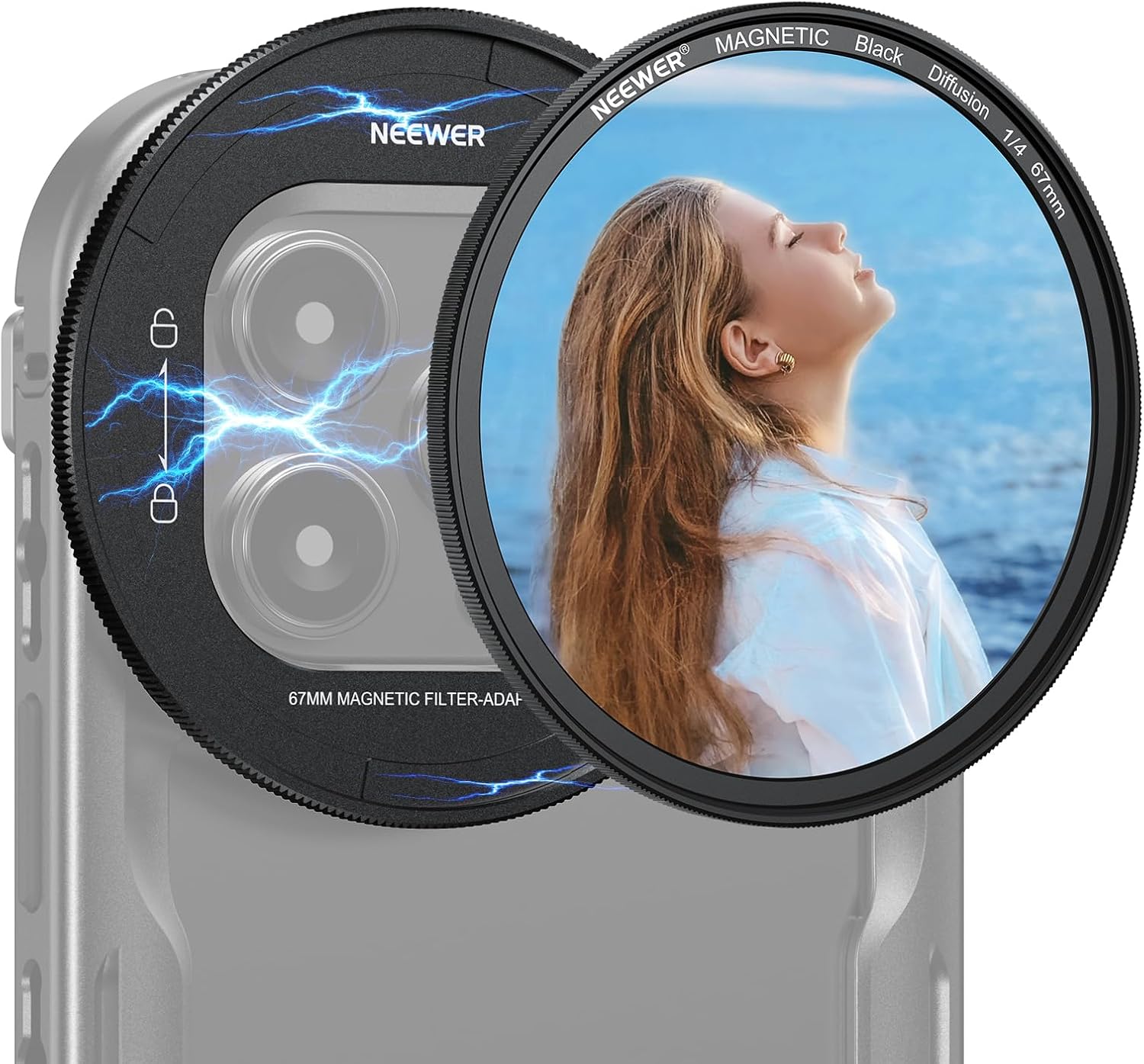 NEEWER 67mm Magnetic Black Diffusion 1/4 Filter Set, Multicoated HD with Magnetic Filter Backplate Adapter, Compatible with iPhone 16 Pro/16 Pro Max Phone Cage Video Rig (PA073/PA074)