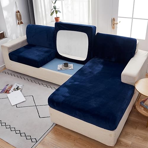 Miniatura 7 de EURHOWING Fundas de cojín de terciopelo elástico para sofá modular en forma de L, funda suave de repuesto para sofá en forma de L con borde