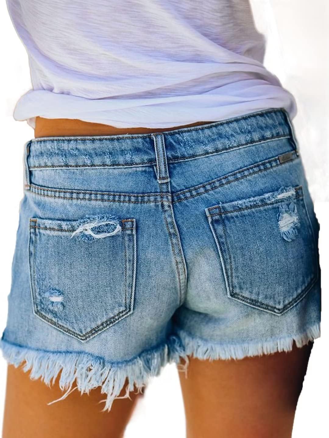 Flamingals Women's Button Fly Distressed Raw Hem Denim Shorts Low Waist Casual Shorts - Image 2