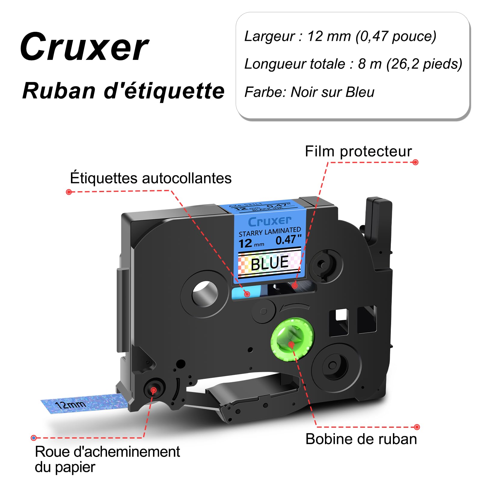 Cruxer Lot de 40 Ruban compatible P-touch TZe-531L1 Noir sur Bleu 12 mm
