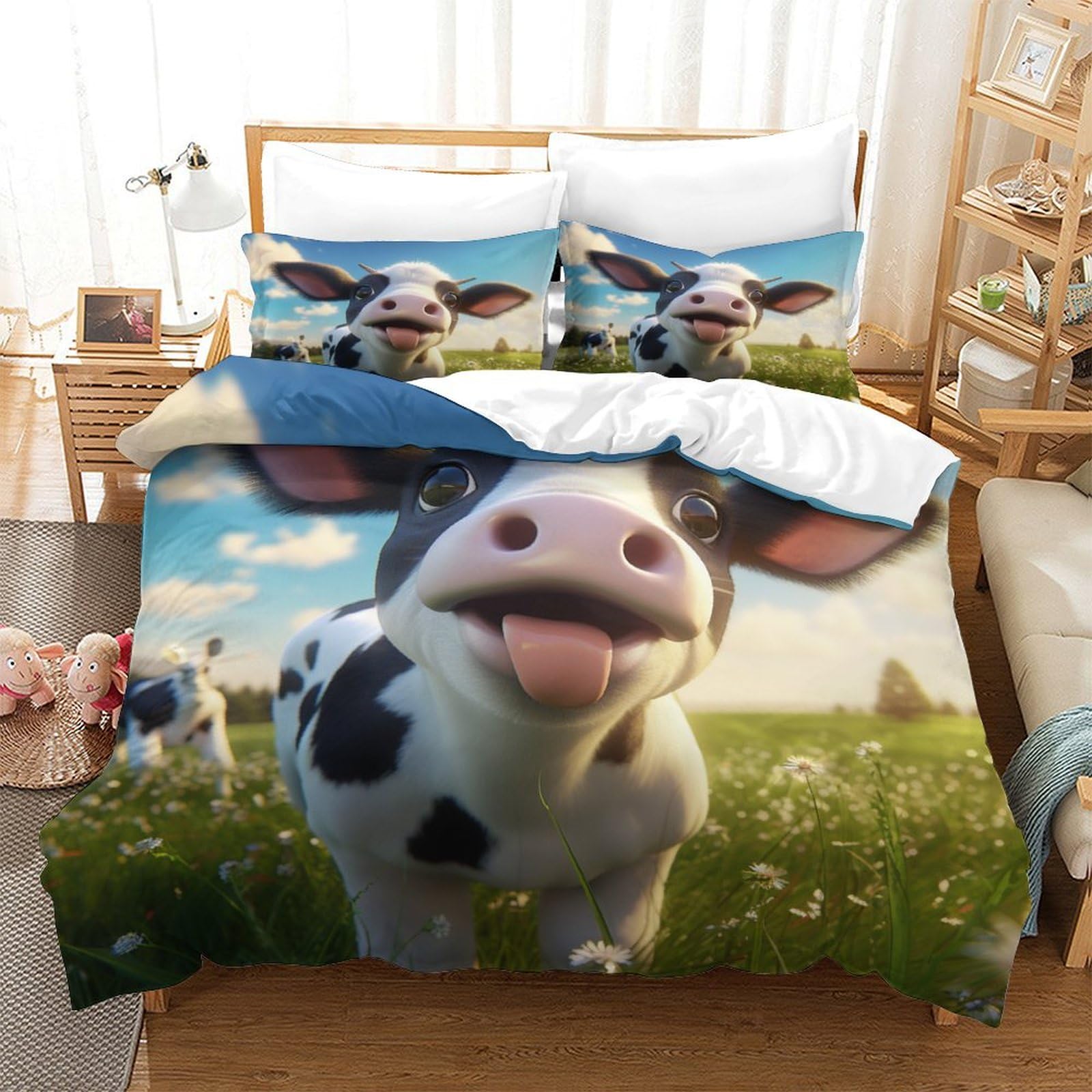 Housses de couettes vaches anti-transpiration lit simple microfibre douce 3 pièces