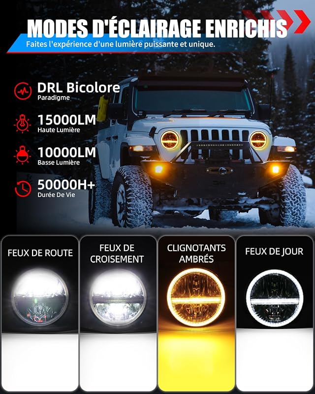 BraveWAY 7 Inch 60W LED Fényszóró Wrangler JK-hez Hi-Lo Fehér Sárga DRL H4-H13