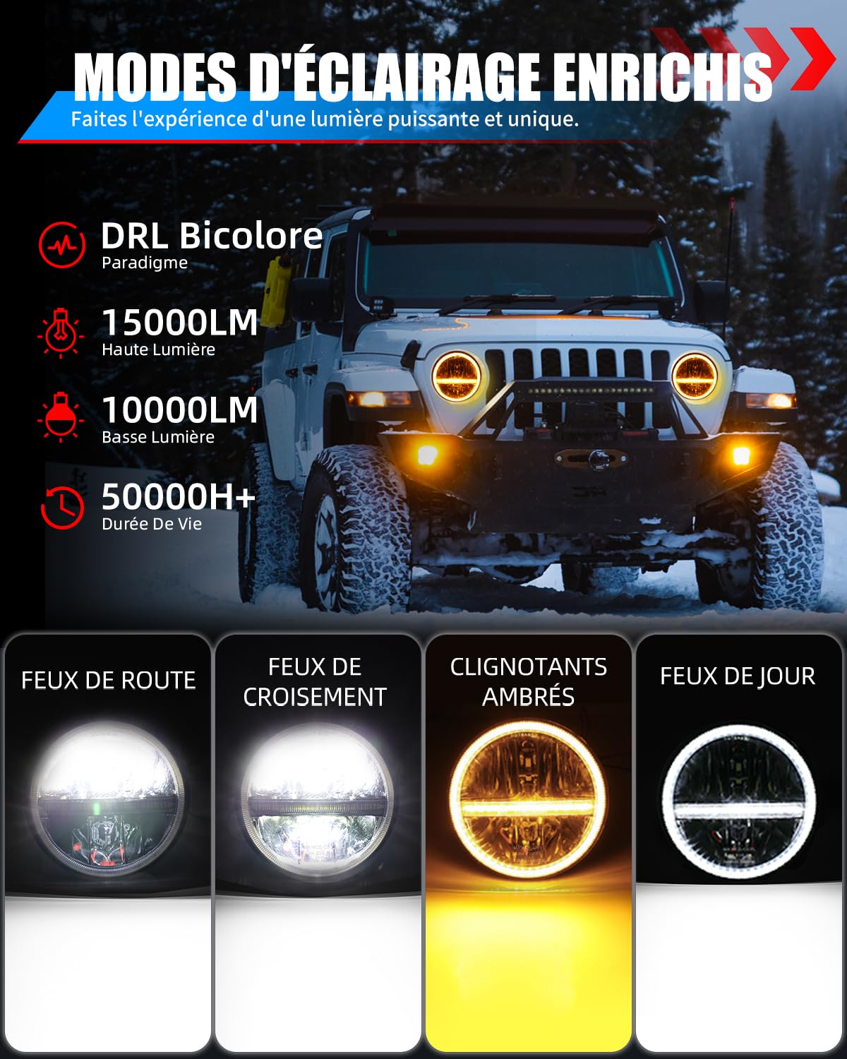 BraveWAY 7 Pouces Led Phare 60W 15000LM, 2PCS Phare Led Wrangler JK，Dot Approuvé Hi Lo Beam Blanc Ambré DRL,Câble H4-H13 Compatible Avec Wrangler JK TJ LJ CJ Hummber H1 H2,Plug and Play