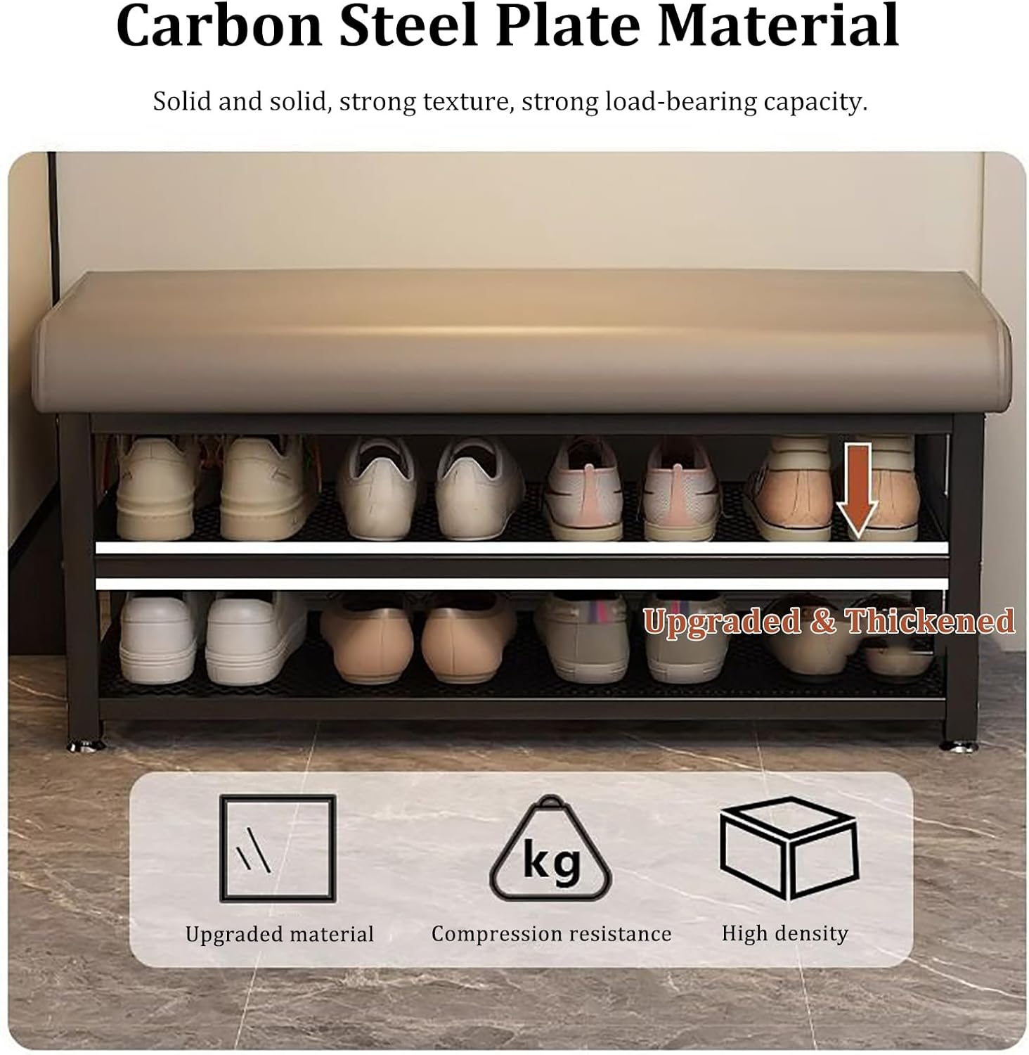 Metal Storage Bench, Upholstered Entryway, Double-Layer Footrest, Shoe Rack for Living Room, Balcony, Hallway (31.5in Width, ge)