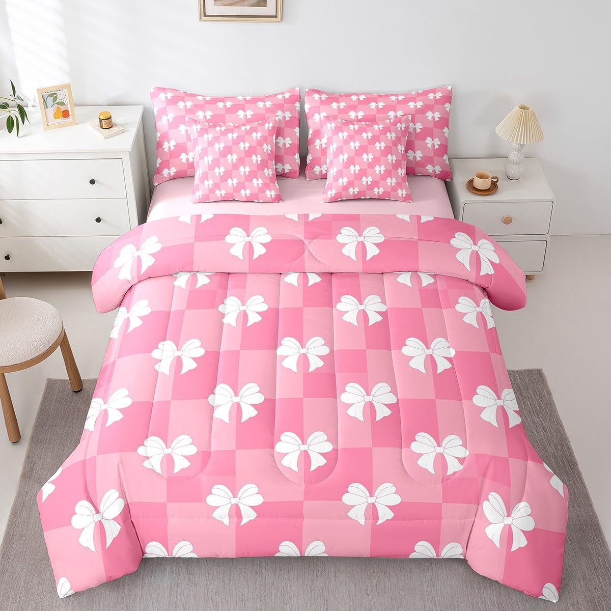 Feelyou Bowknot Bedding Set Queen Size Dreamy Princess Style Comforter Set 7 Pieces Pink Plaid Cute Bow Girly Geometric Bed in a Bag Kawaii Bow-tie Bed Set with Comforter, Sheet Set, Pillowcases