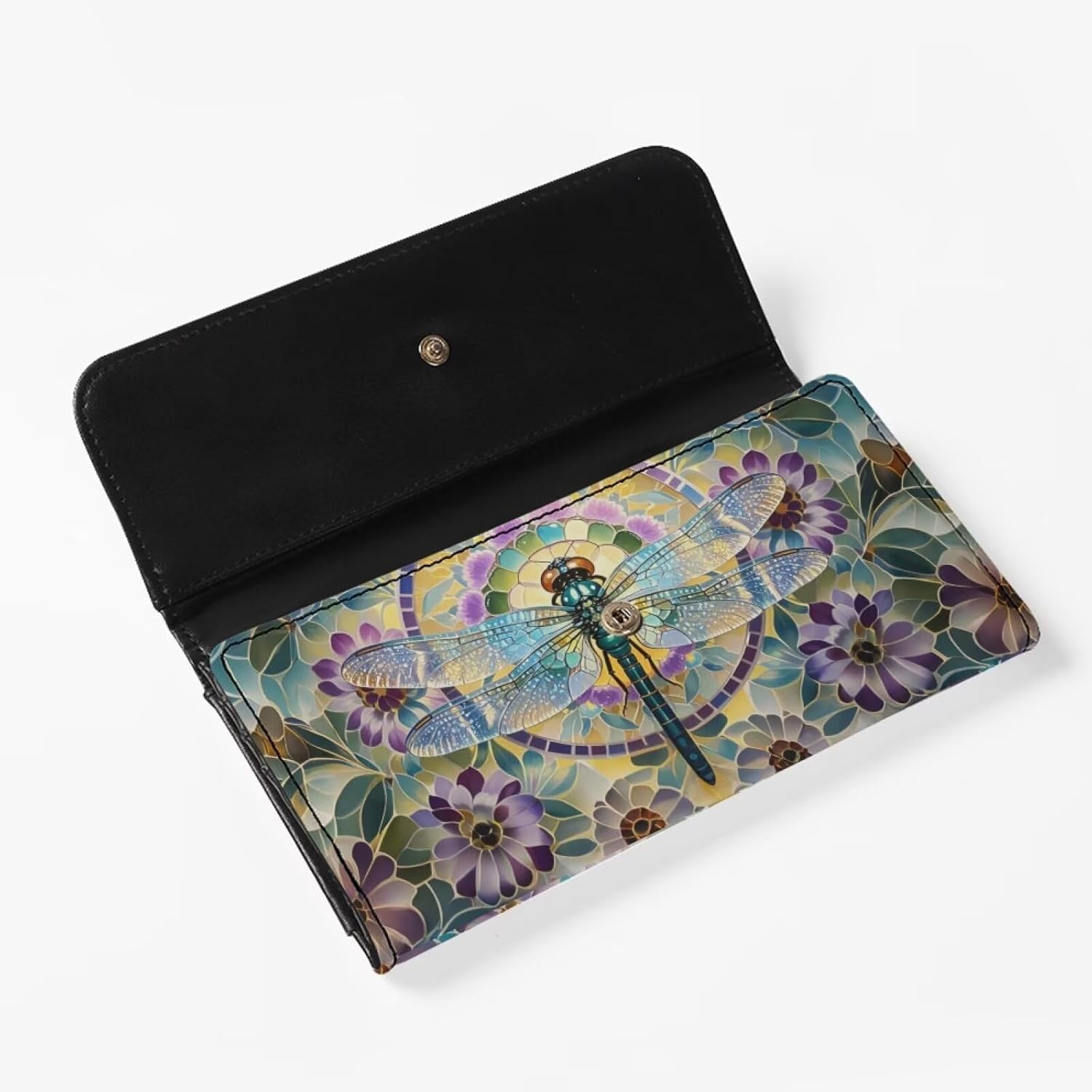 Dragonfly Flowers Trifold Wallet for Women Painting Dragonflies Floral Long Purse Clutch Multi Card Slot Money Manager with ID Window - Image 4