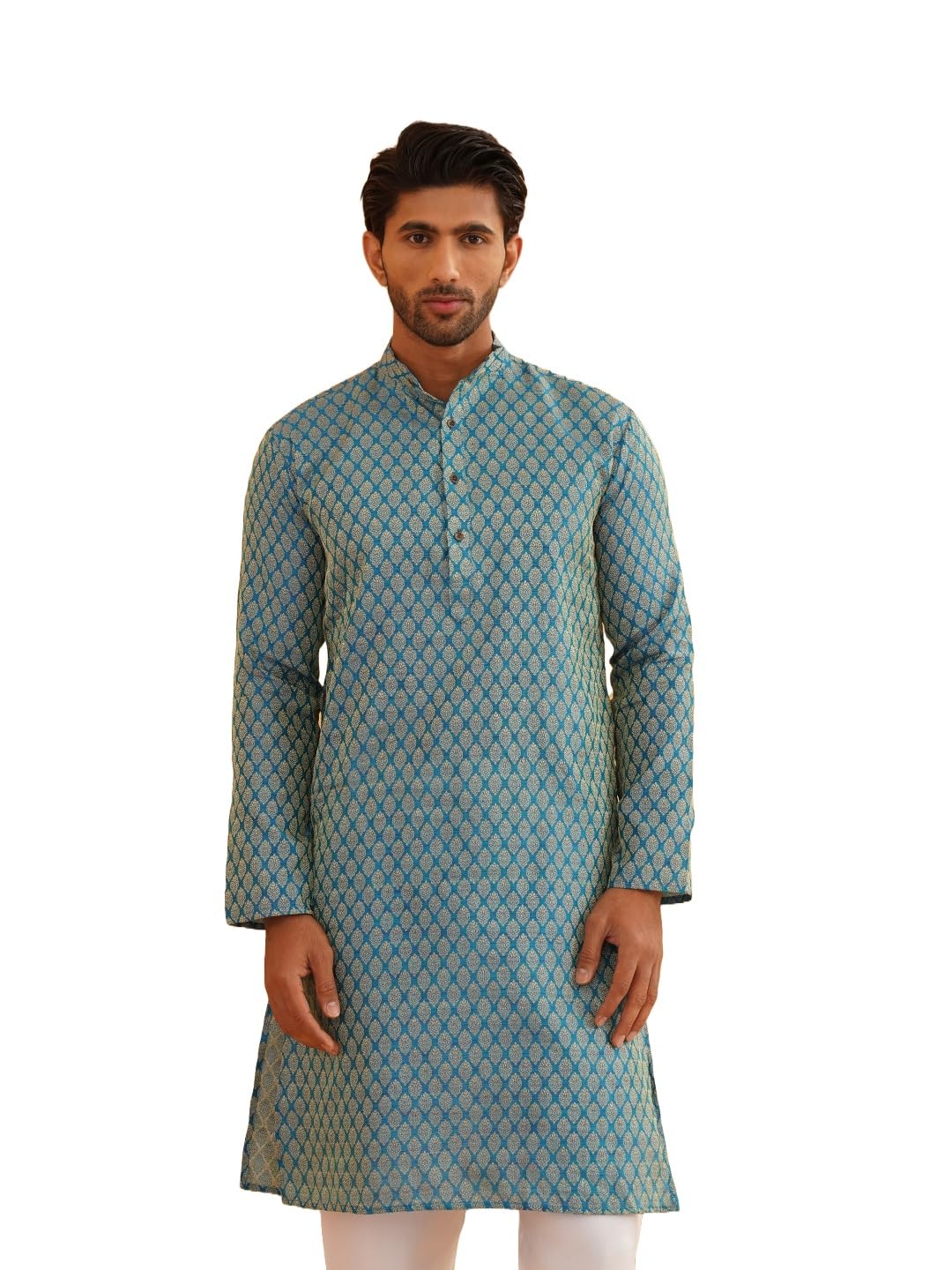 Sojanya (Since 1958 Men's Silk Blend Peacock Blue Color Self Design Only Long Kurta