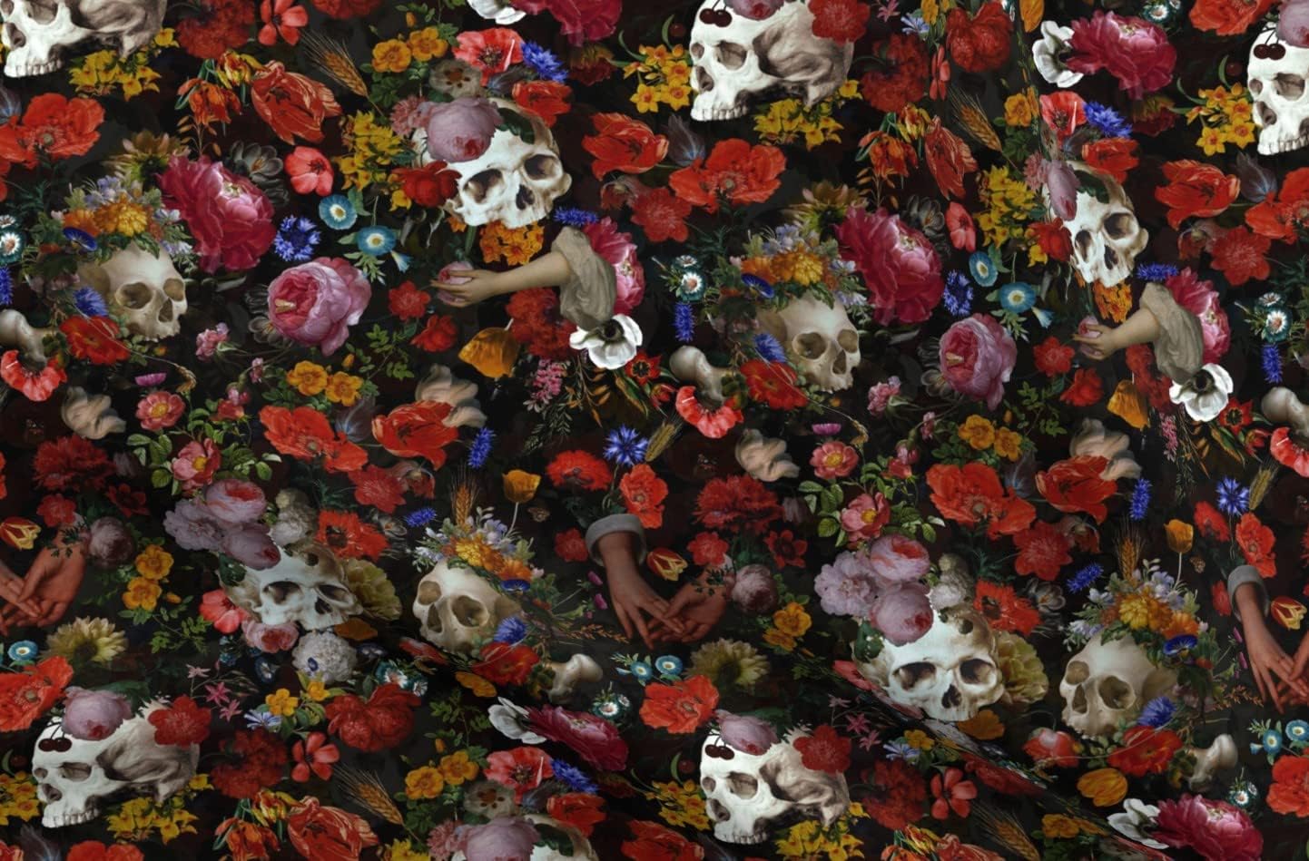 Spoonflower Fabric - Skulls Antique Flowers Vintage Gothic Romance Black Victorian Printed on Petal Signature Cotton Fabric Fat Quarter - Sewing Quilting Apparel Crafts Decor