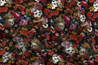 Spoonflower Fabric - Skulls Antique Flowers Vintage Gothic Romance Black Victorian Printed on Petal Signature Cotton Fabric Fat Quarter - Sewing Quilting Apparel Crafts Decor
