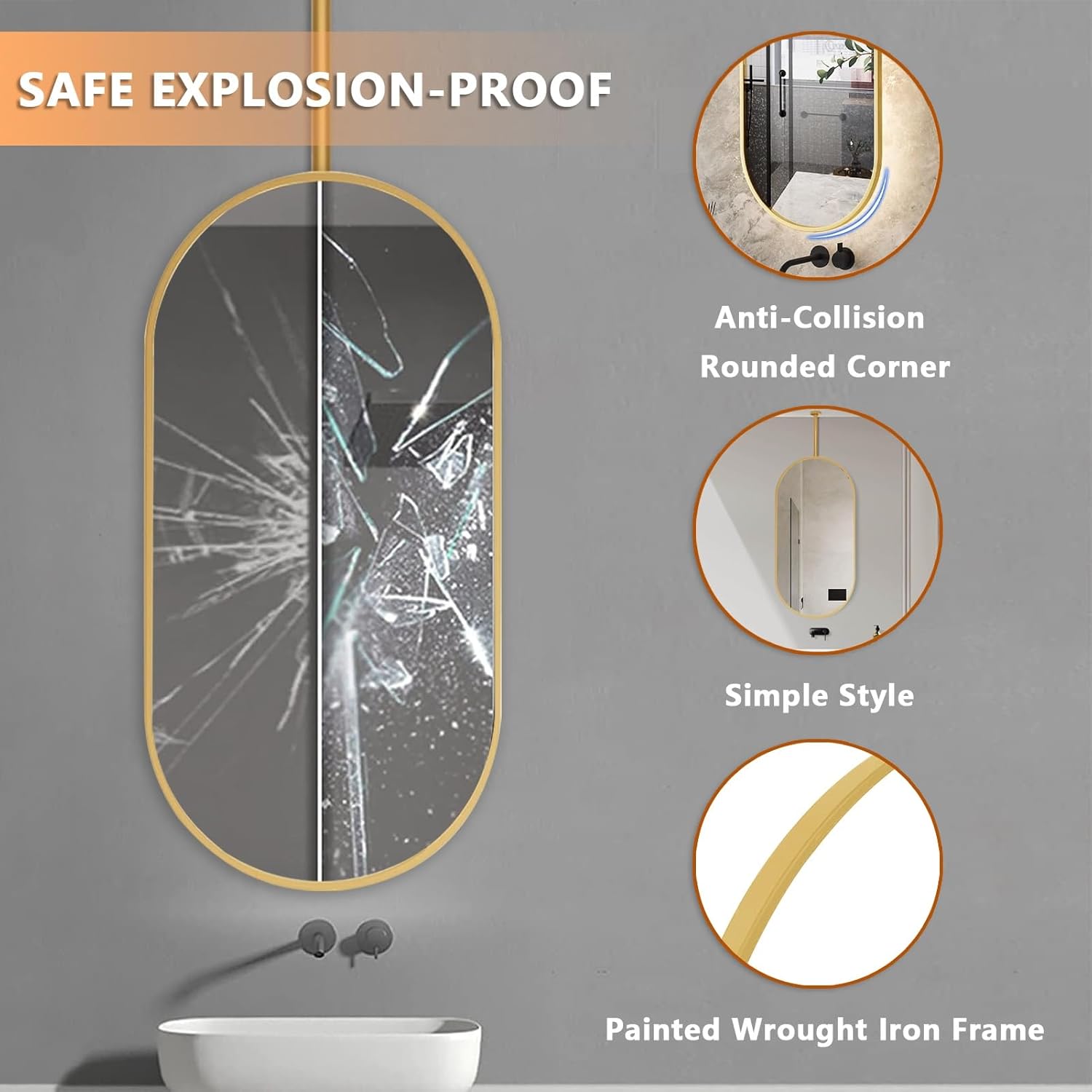 Gold Ceiling Mounted Mirror with Metal Hanging Rod, Bathroom Vanity Makeup Mirrors for Wall Mirror for Ceiling Hanging, Washroom Shaving Mirrors for Decorative (Size : 50cmx70cm)