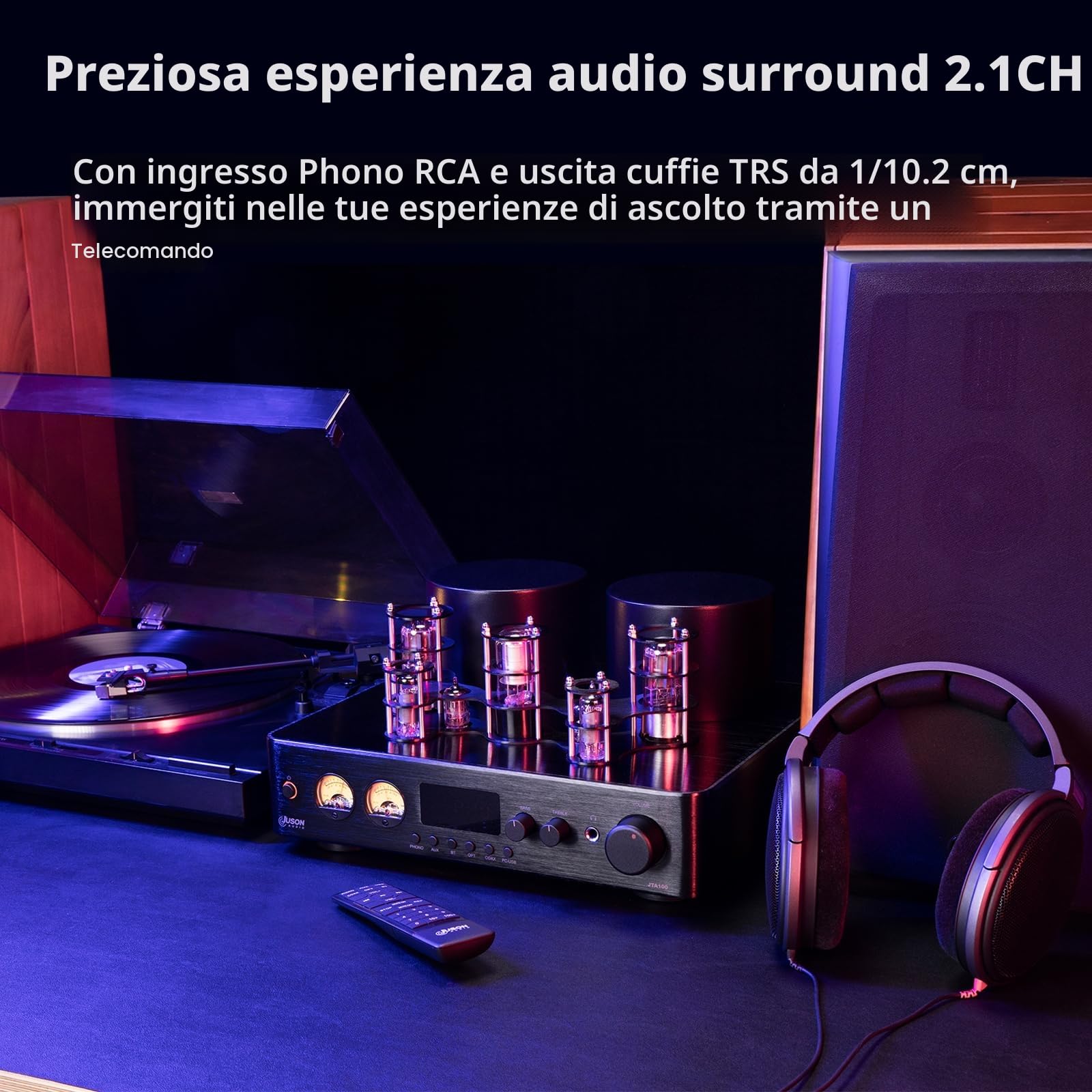 Juson Audio JTA100 200 W Amplificatore valvolare per tubi sottovuoto,ibrido integrato con Phono, BT 5.0 Optimal, ingresso RCA RCA e uscita cuffie 2.1CH Class AB HiFi Home Audio Amp per giradischi