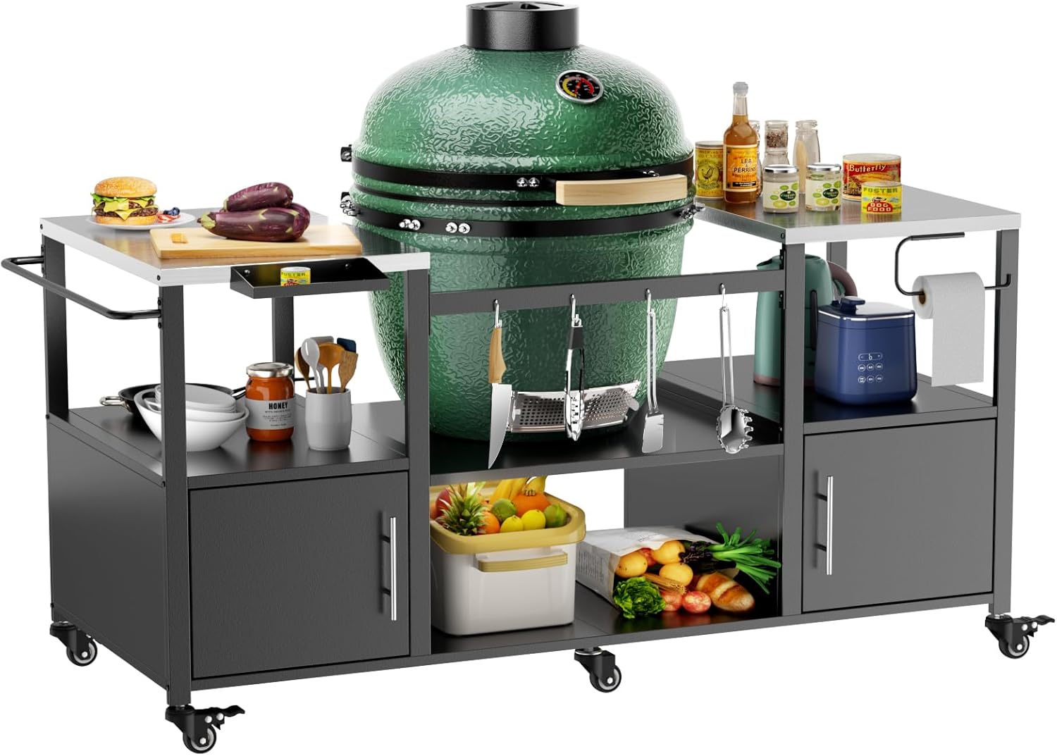 KEIKI Outdoor Grill Table for Big Green Egg Style BBQ, Metal Grill Cart with Storage Box, Compatible with up to Large Green Egg, Kamado Joe Jr