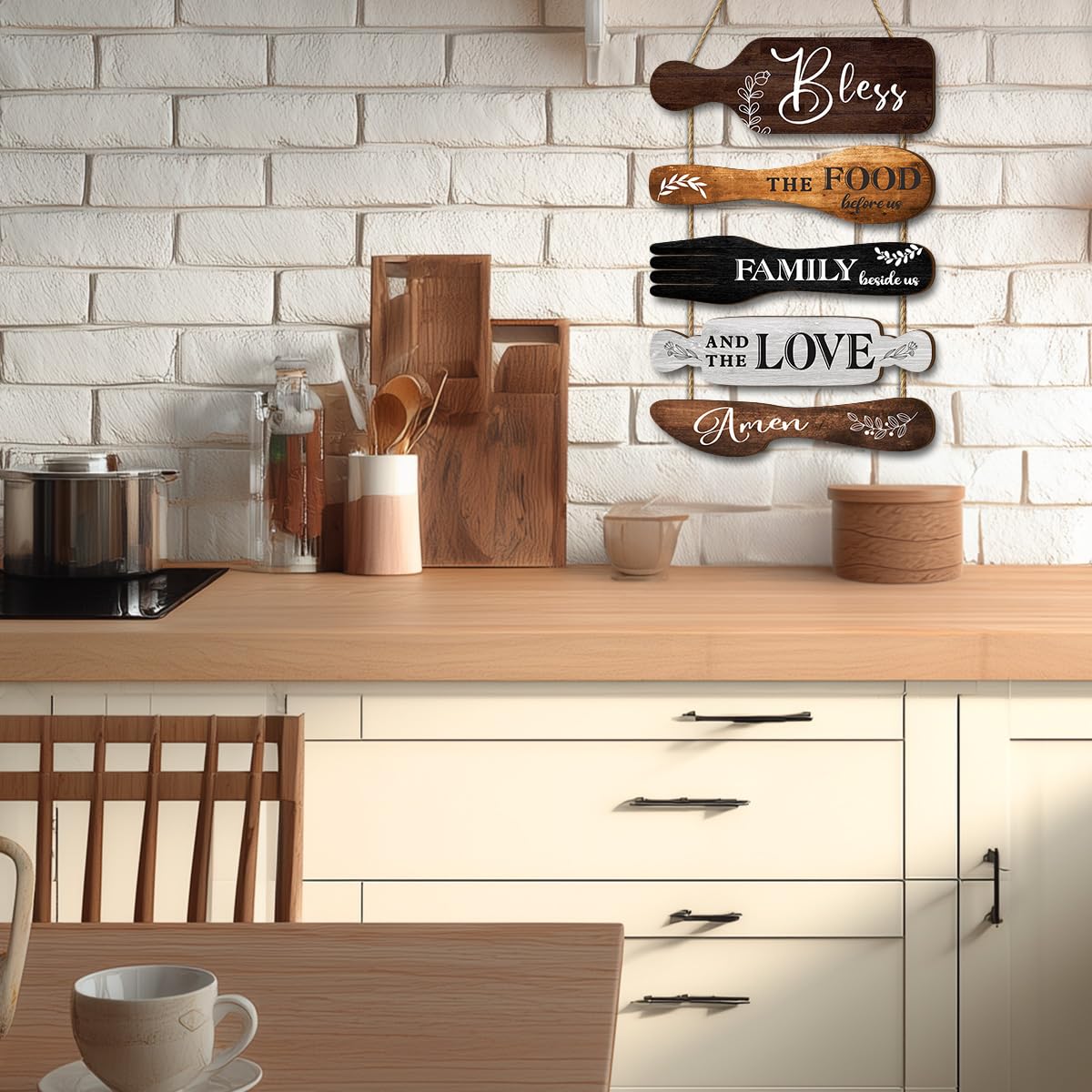 Dazzlewall 5 Decorazioni da Parete per Cucina, Cartelli a Forma di Pentole Benedite The Food, per Cucina Rustica, Targhe in Legno Rustiche per Sala da Pranzo in Stile Country