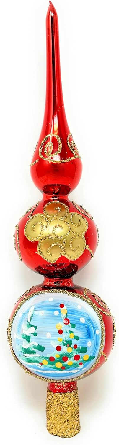 Christmas Tree Topper Spitz Glass Blown, Hand-Decorated Gold/Silver Embellishments (13 Inch / 33cm, Red Matt)