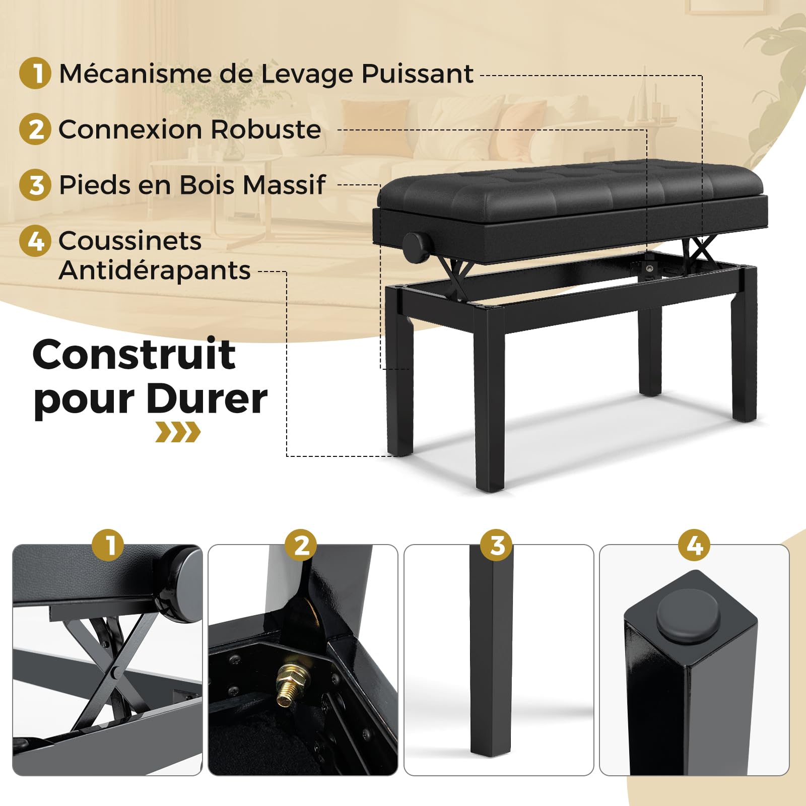 COSTWAY Tabouret Piano Réglable en Hauteur 48-58 cm, Banquette Piano avec Rangement, Siege Piano Double en Bois, Coussin Rembourré Imperméable, Banc de Piano, Charge Max. 200 kg, Noir