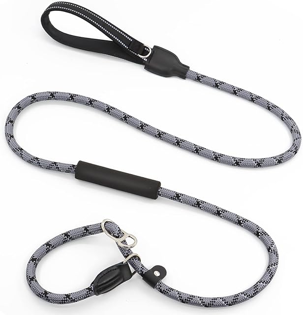 6FT(1.8m) Slip Lead for Dog, Anti-choking with with 2 Comfortable Padded Handles, Reflective Heavy Duty Nylon Rope Slip Leash for Medium & Large Size Dog (Grey, 6FT(1.8m),2/5"(10mm))