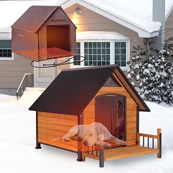 GUTINNEEN Heated Outdoor Dog House Insulated Weatherproof Dog Kennel with All-Around Metal Frame, Anti-Bite Puppy Home with Porch, Dog Shelter for Large Breed Brown, 50.9 Large