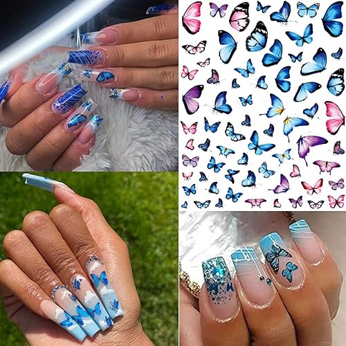 Miniatura 5 de 8 hojas de calcomanías de mariposa para uñas, autoadhesivas 3D, color rosa y azul, coloridas alas de mariposa, calcomanías de diseñador para mujeres