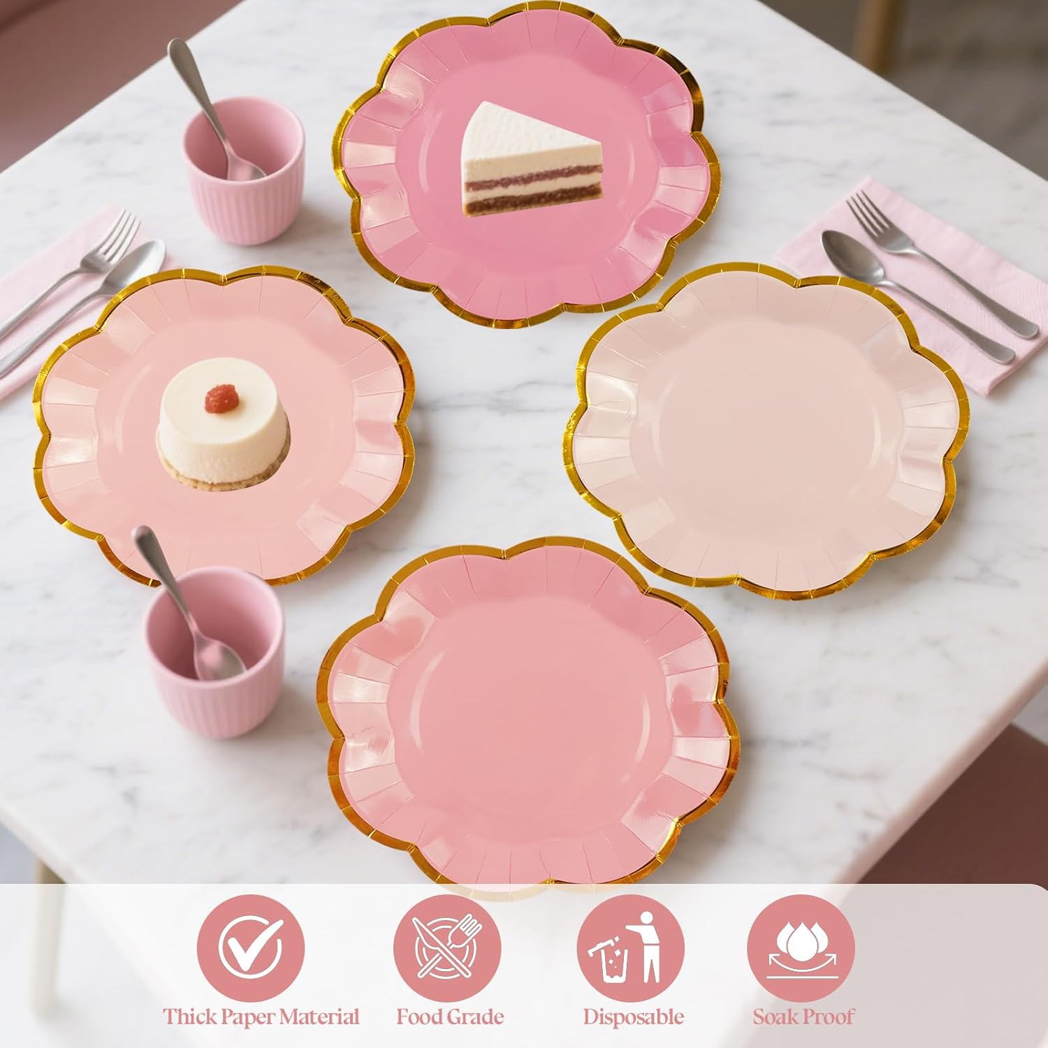 48Pcs Light Pink Scalloped Party Plates - 7inch Gold Foil Gradient Pink Dessert Paper Plate Disposable Cake Plates for Birthday Bridal Baby Shower Wedding Party Decorative Supplies - Image 3
