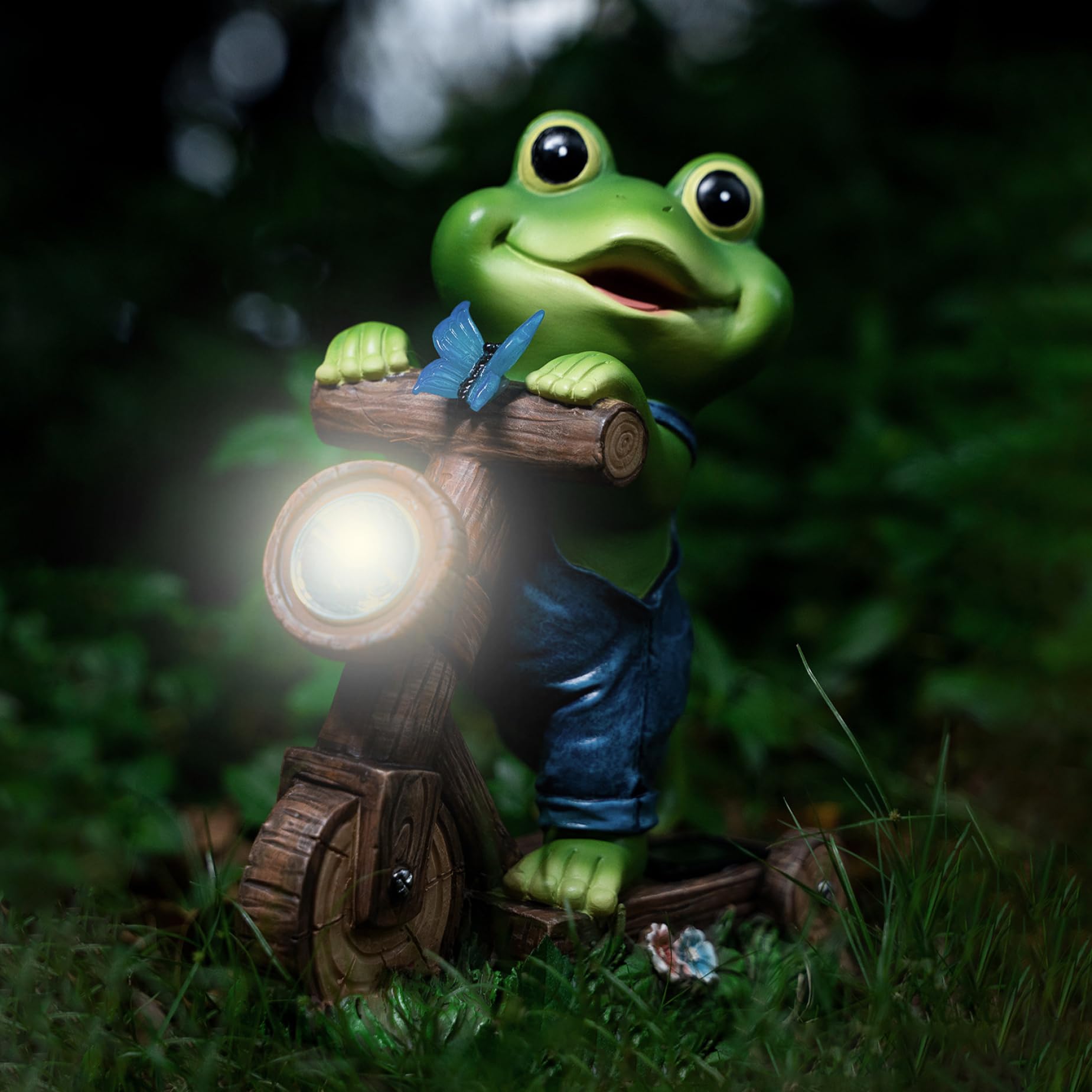 Posąg ogrodowy Żaba Posągi ogrodowe na zewnątrz, żaba Lampa słoneczna Skuter Żaba Posągi ogrodowe Wodoodporna żywica Żaba Słoneczne ozdoby ogrodowe Śliczna żaba Ozdoby ogrodowe do dekoracji ogrodowyc