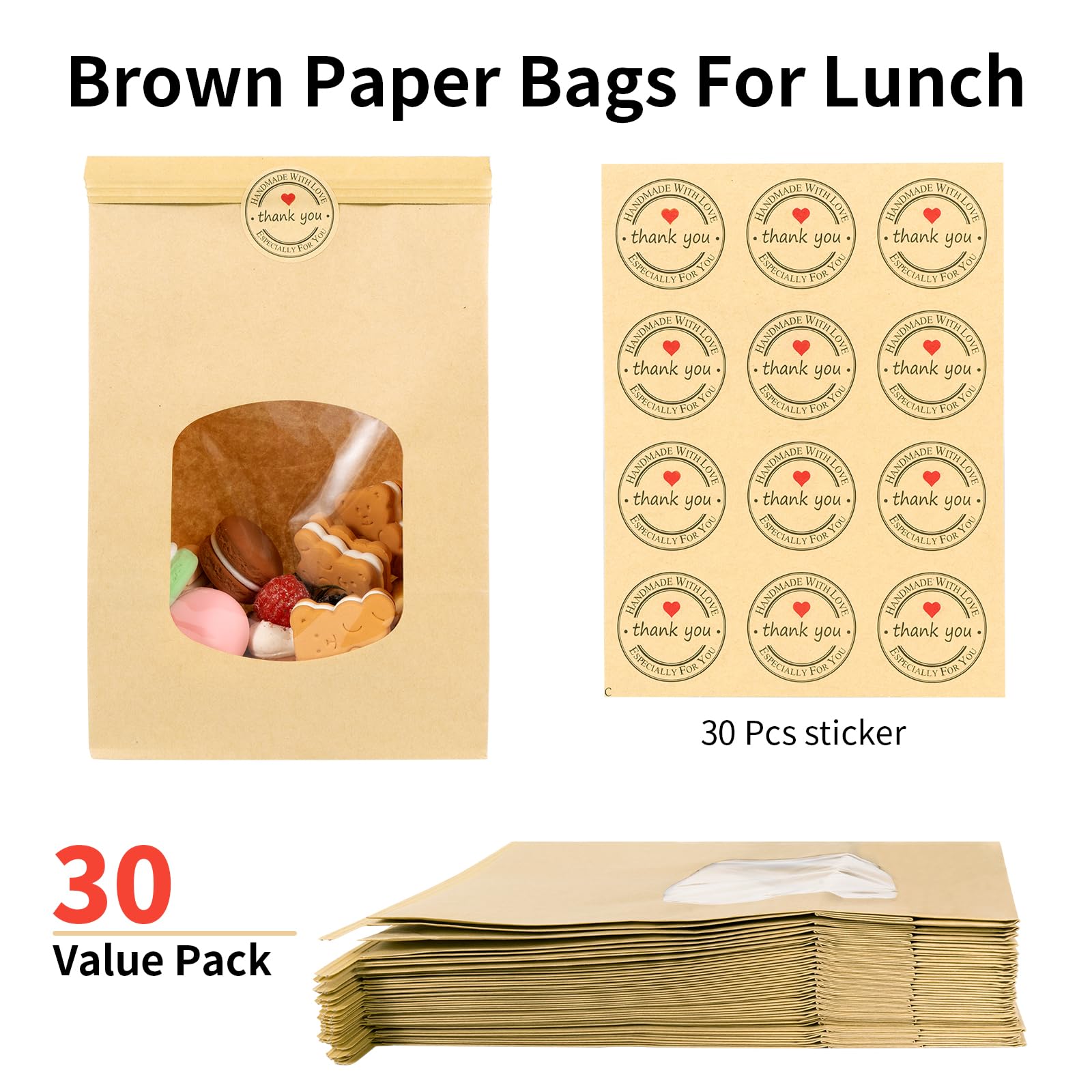 30 bolsas de panadería con ventana Kraft bolsas de papel de estaño Tie Tab Lock Bolsas para almacenar galletas alimentos secos Snack