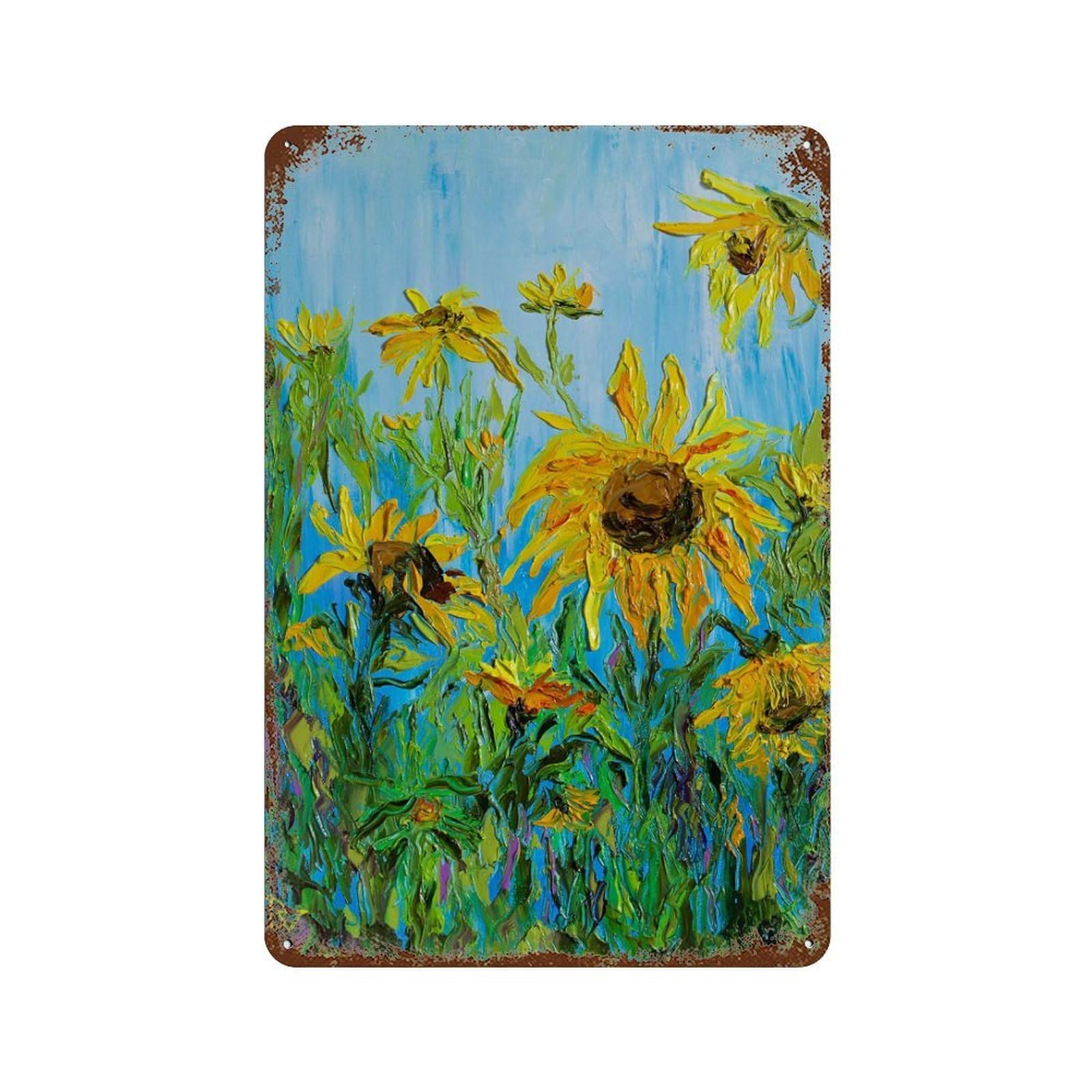 Rust Effect Sunflowers in July Aged Metal Wall Plaque 11.8"x7.9", Classic Wall Plaque for Basement, Hobby Room And Garage Decor
