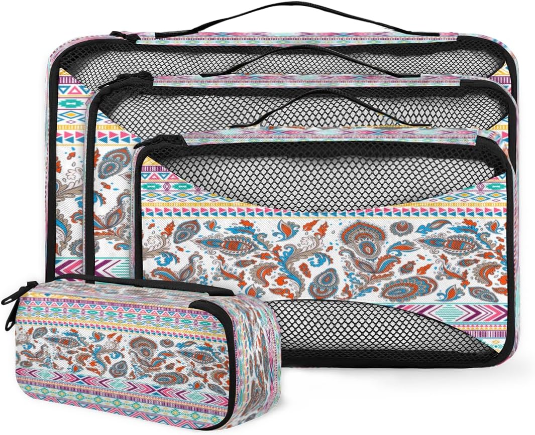 Colorful Rhombus Triangle Pattern 4 Piece Packing Set Mesh Organizers with Lightweight Design for Luggage Backpacks Business Trips Outdoor Adventures and Toiletry Storage