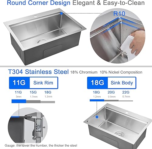 Miniatura 31 de MENATT Fregadero de cocina de 23 pulgadas, calibre 18 de acero inoxidable con orificio para grifo único, repisa de un solo tazón, fregadero